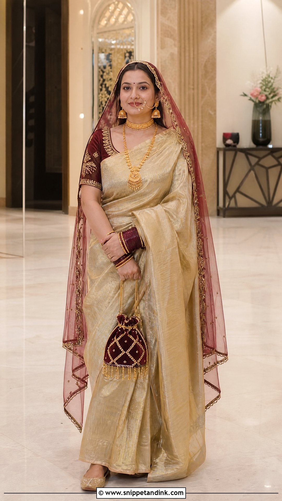 Gold Tissue Saree Garhwali Bride Look - Snippet and Ink - 25 Garhwali Bride Ideas
