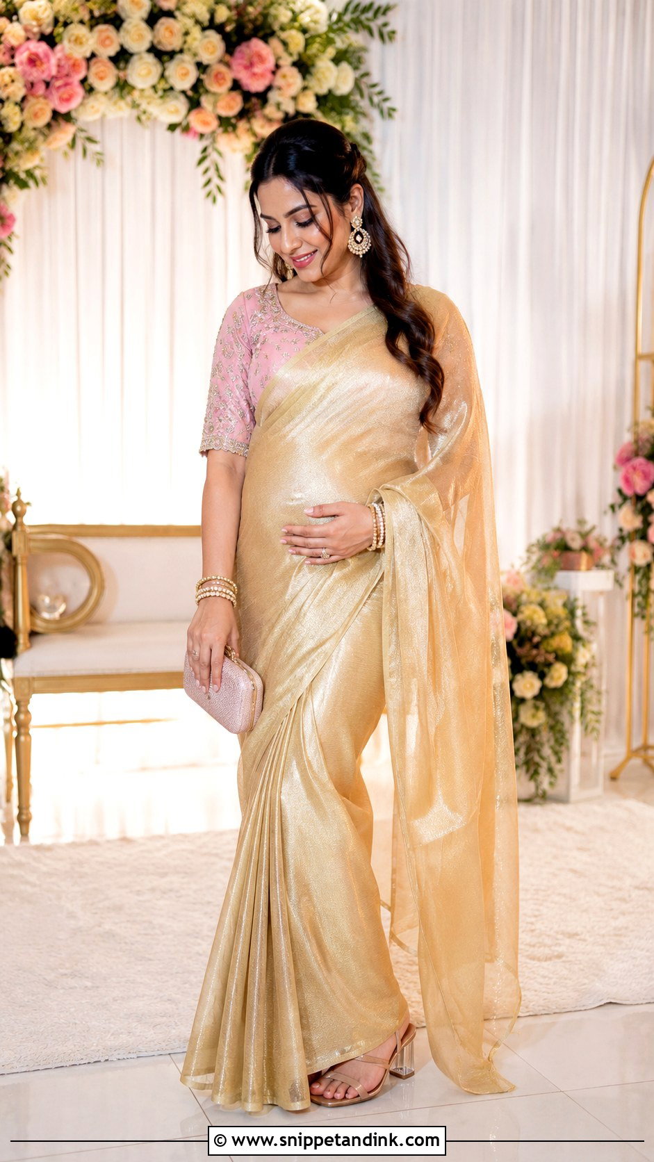 Gold Tissue Saree Godh Bharai Outfit - Snippet and Ink - 25 Godh Bharai Outfit Ideas