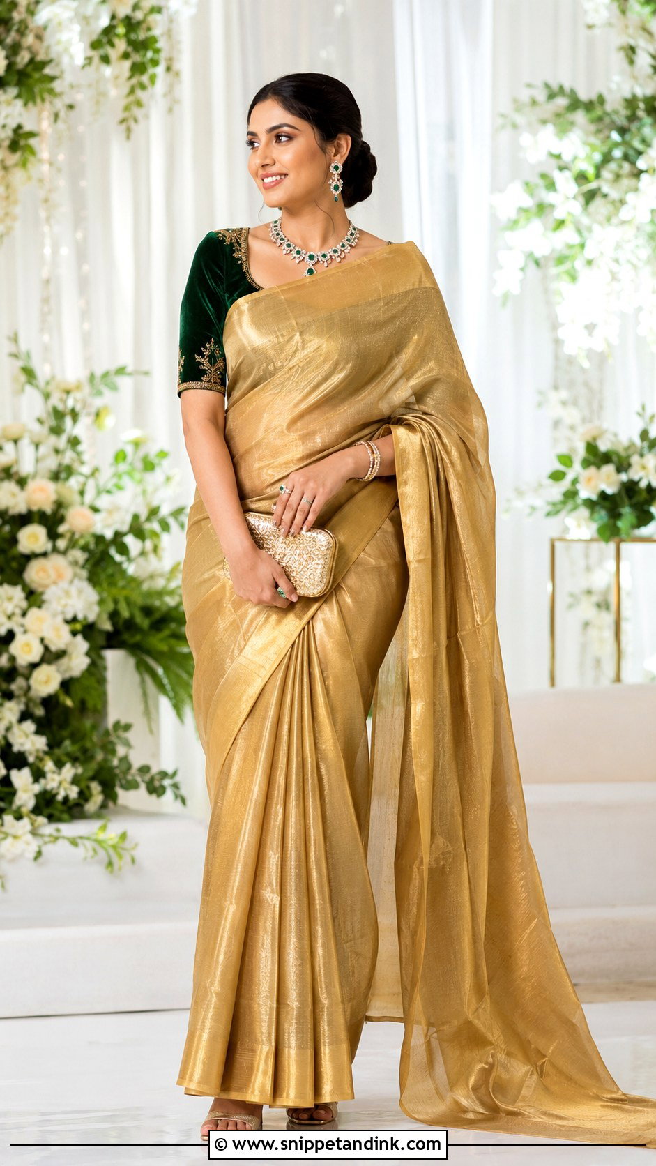 Gold Tissue Saree Mangalorean Reception Bride - Snippet and Ink - 20 Mangalorean Bride Ideas