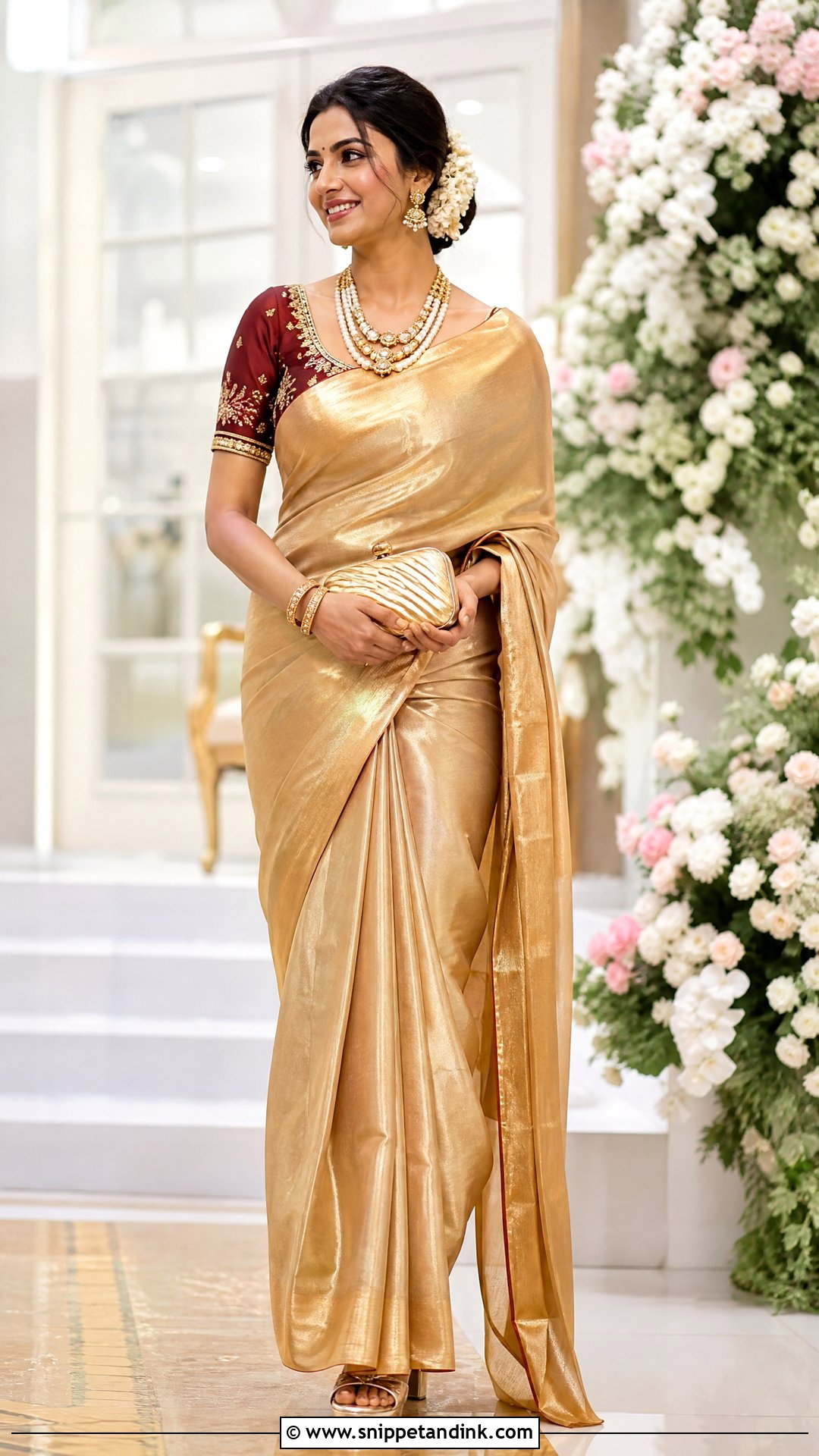 Gold Tissue Saree Wedding Outfit - Snippet and Ink - 25 South Indian Wedding Outfits