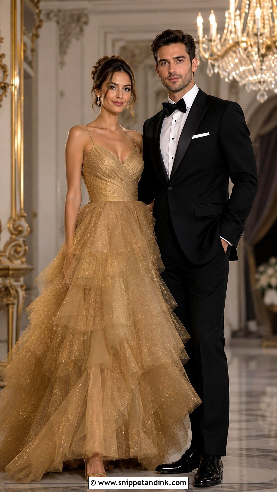 Gold Tulle Gown And Black Tuxedo - Snippet and Ink - 20 Gold Dress and Suit Couple Ideas