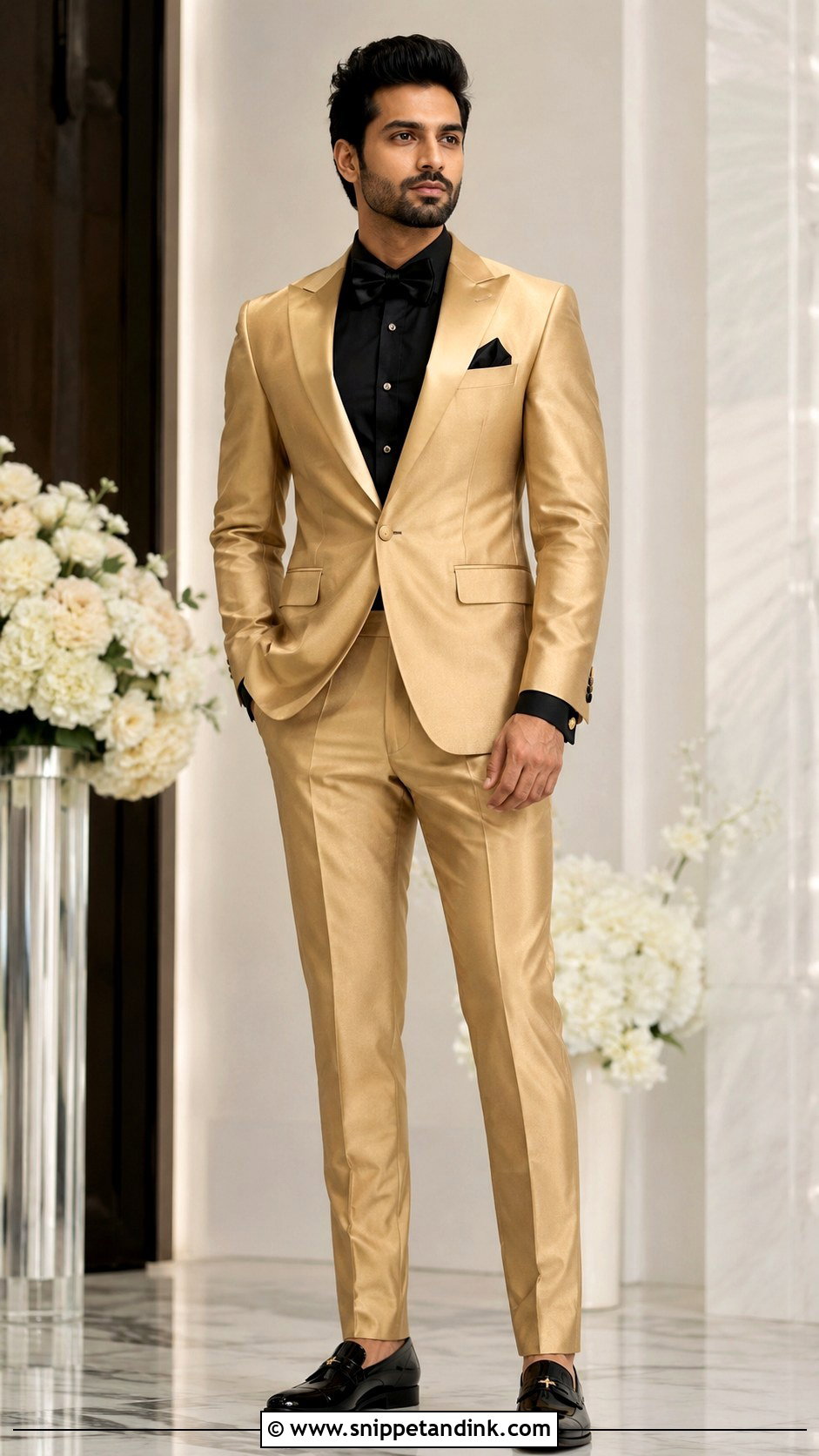 Gold Tuxedo With Black Dress Shirt - Snippet and Ink - 20 Gold Tuxedo Wedding Ideas
