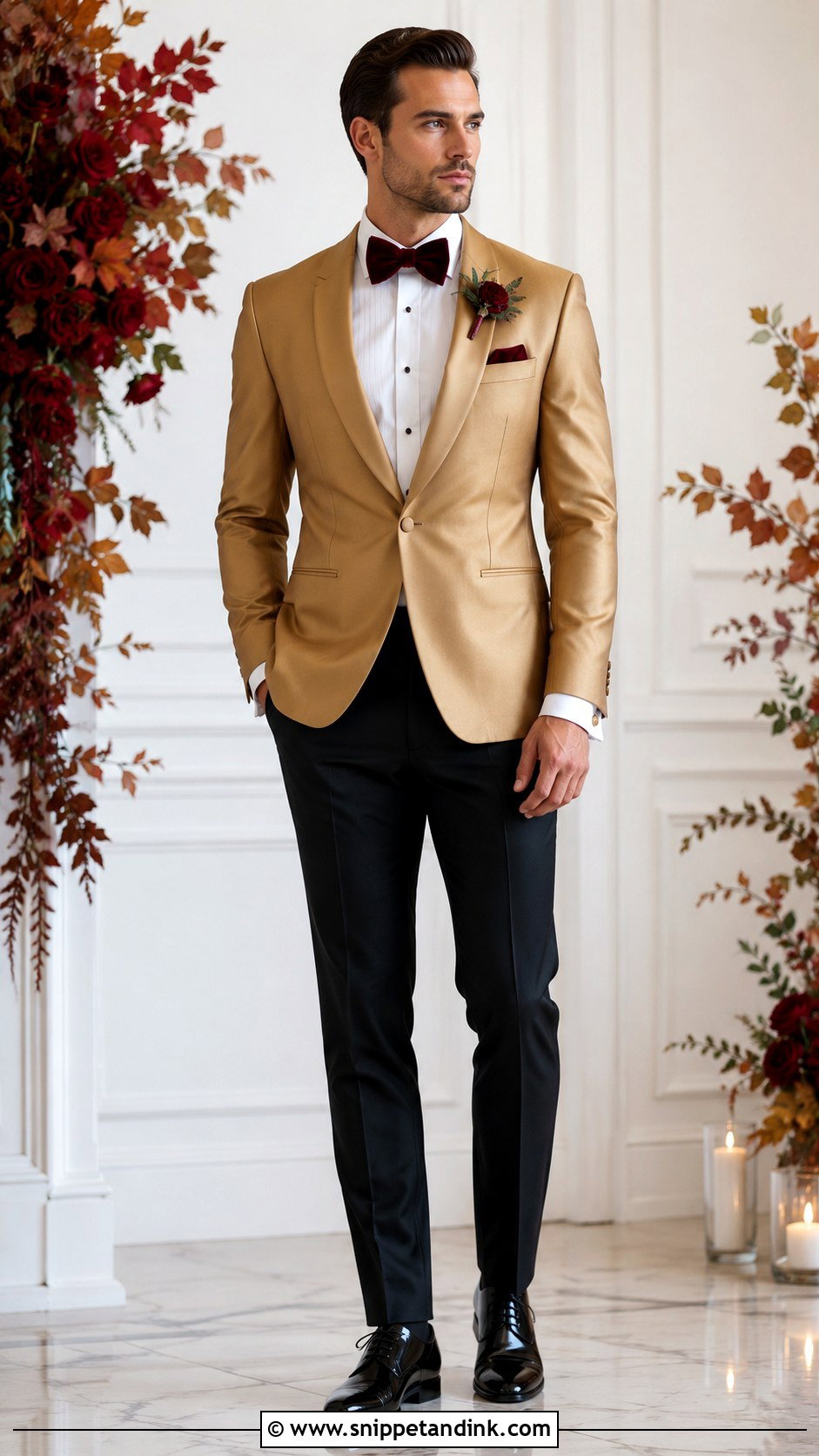 Gold Tuxedo With Burgundy Accessories - Snippet and Ink - 20 Gold Tuxedo Wedding Ideas
