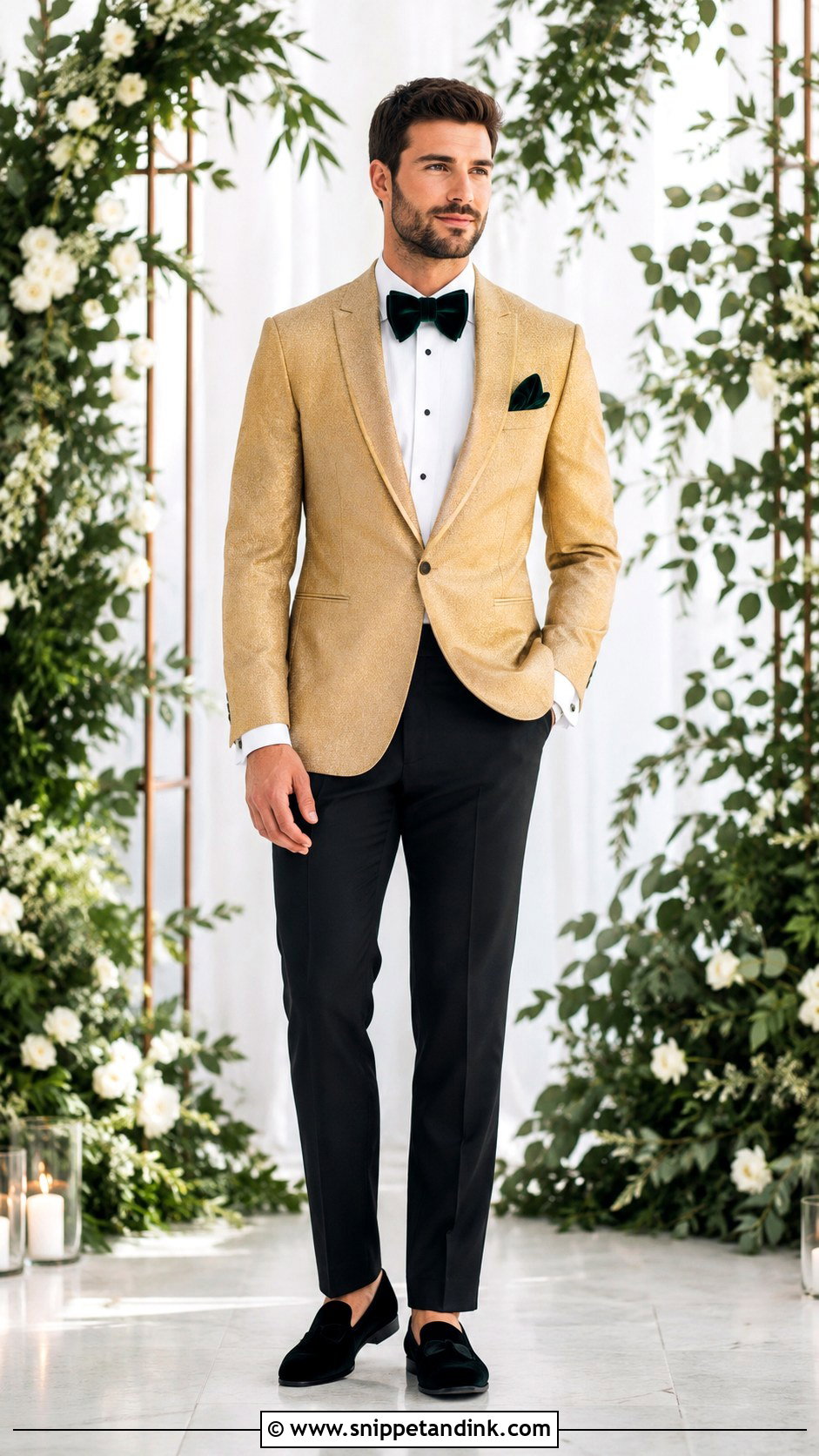 Gold Tuxedo With Emerald Green Accessories - Snippet and Ink - 20 Gold Tuxedo Wedding Ideas