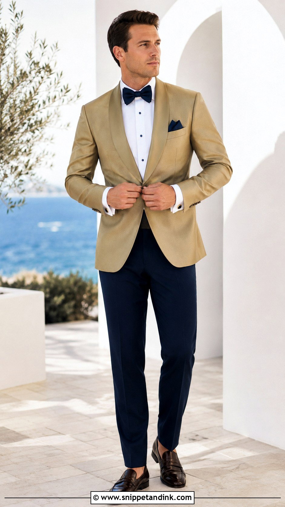 Gold Tuxedo With Navy Accessories - Snippet and Ink - 20 Gold Tuxedo Wedding Ideas