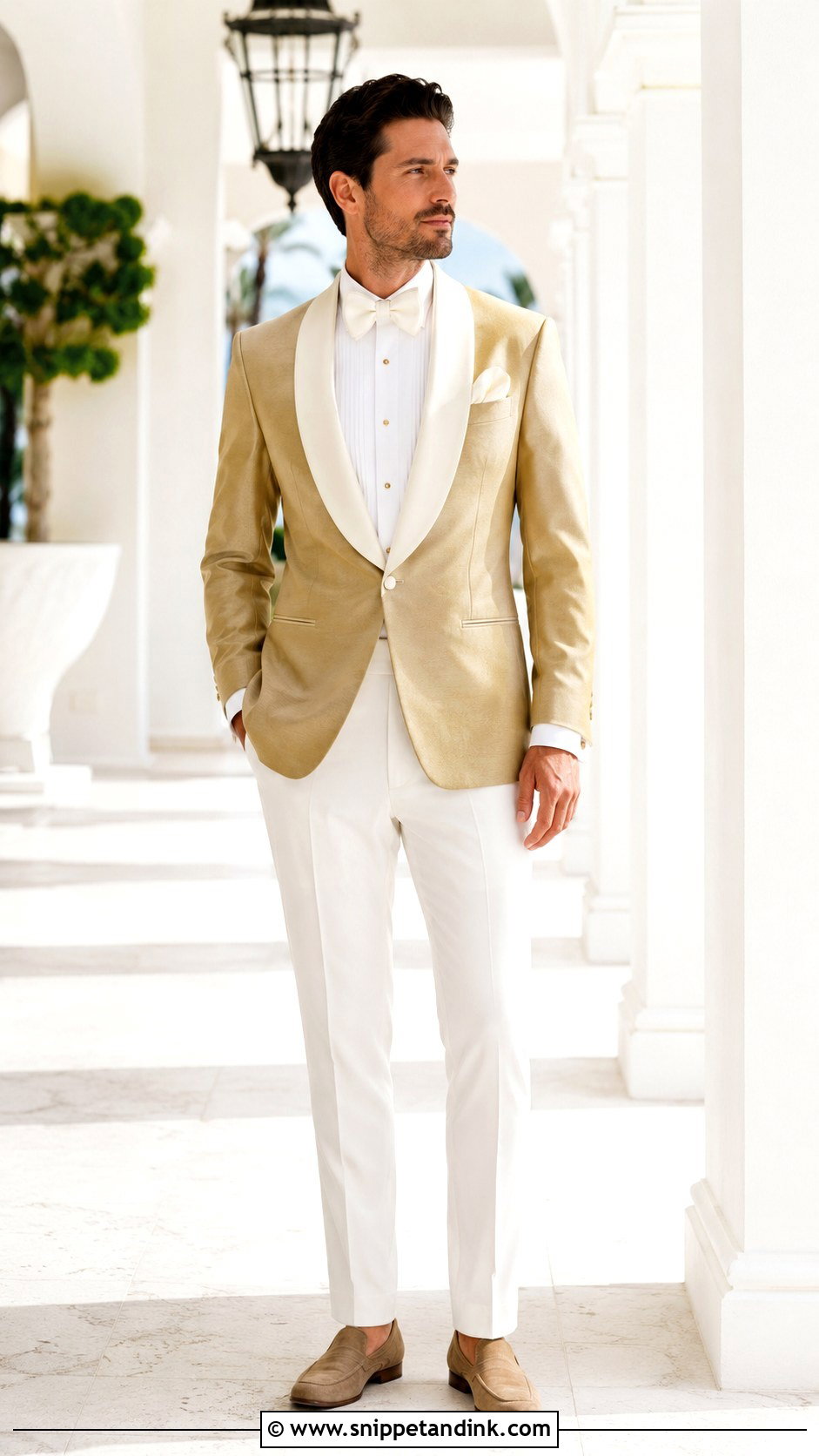 Gold Tuxedo With White Pants - Snippet and Ink - 20 Gold Tuxedo Wedding Ideas