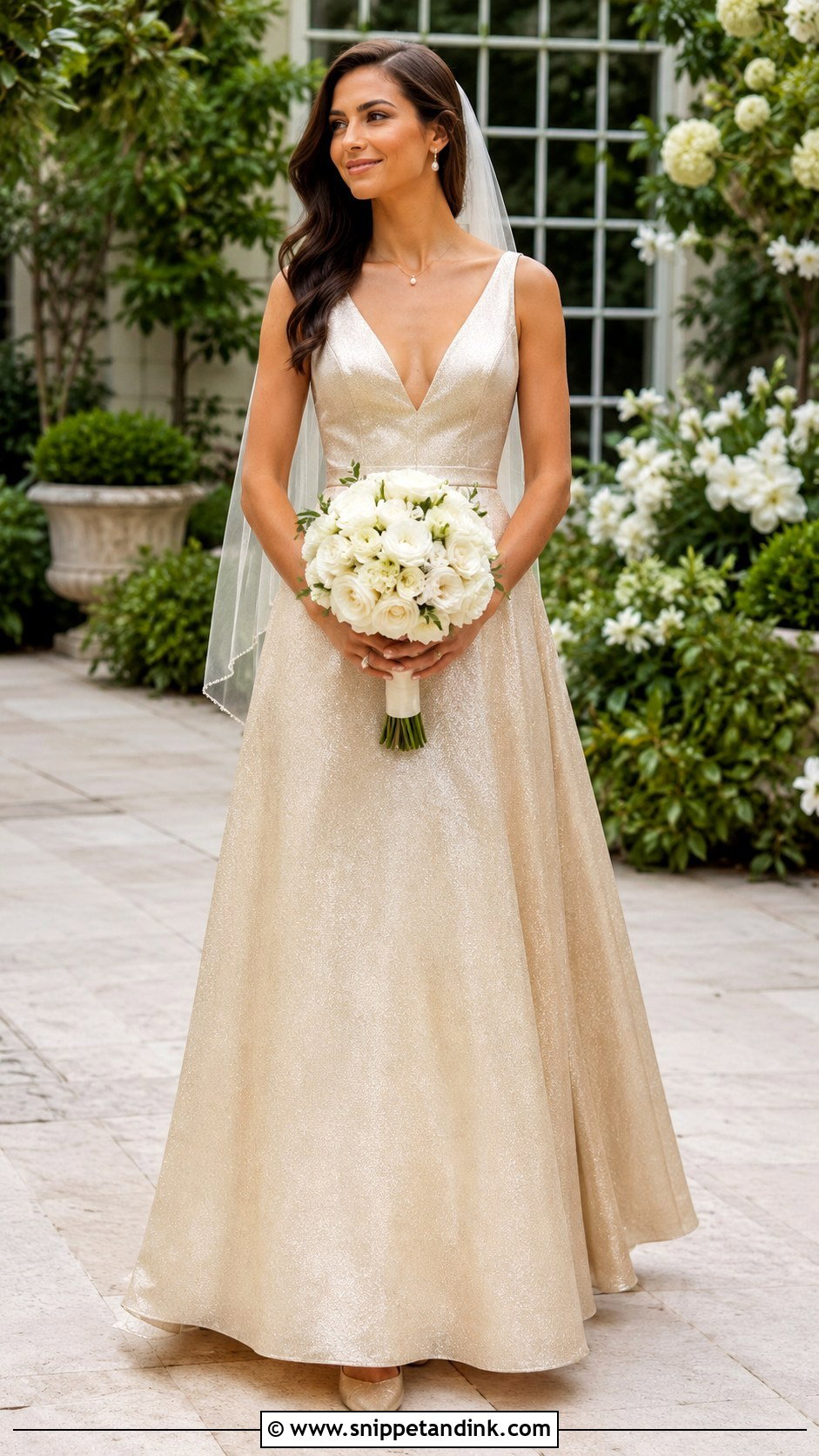 Gold V Neck A Line Wedding Dress - Snippet and Ink - 20 Long Classy Gold Wedding Dress Ideas