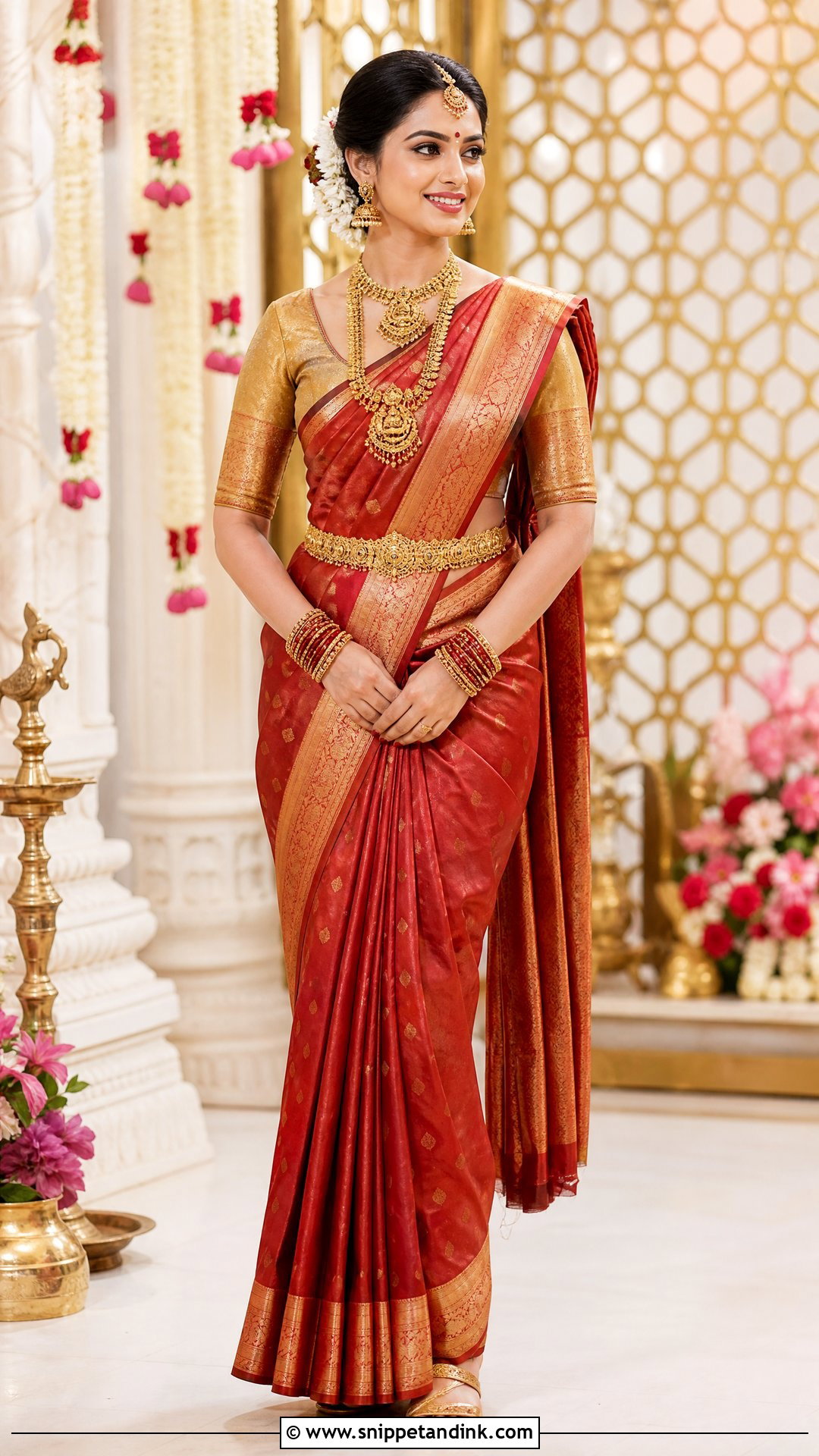 Gold V Neck Bridal Blouse With Red Saree - Snippet and Ink - 20 V Neck Bridal Blouse Ideas