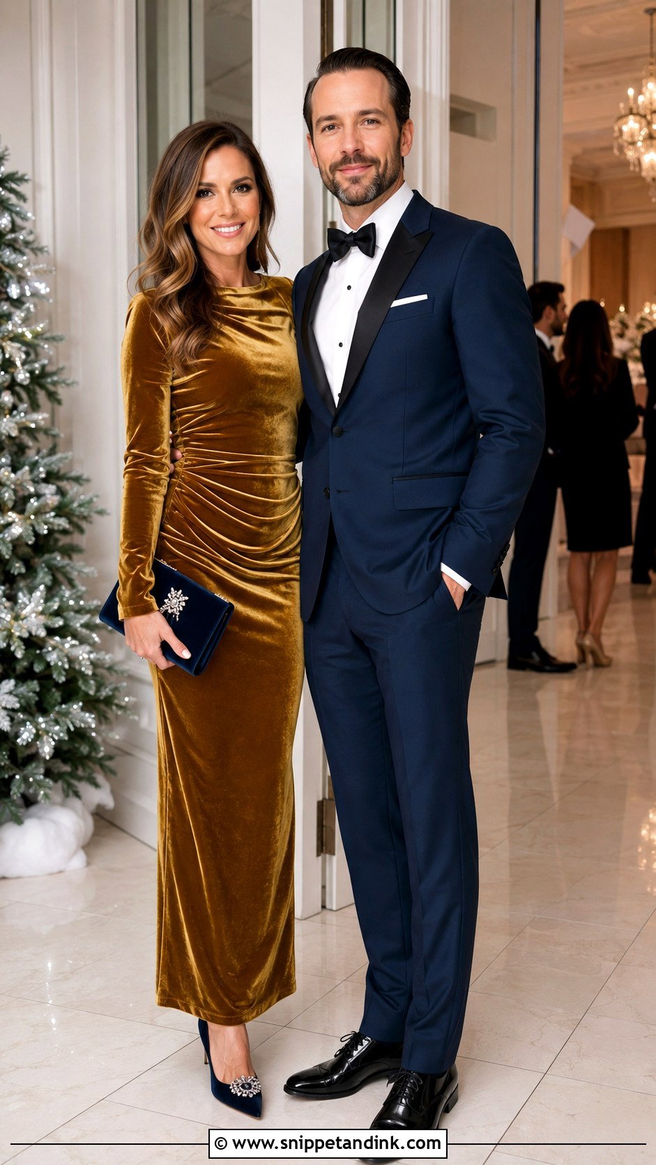 Gold Velvet Dress And Midnight Blue Tuxedo - Snippet and Ink - 20 Gold Dress and Suit Couple Ideas