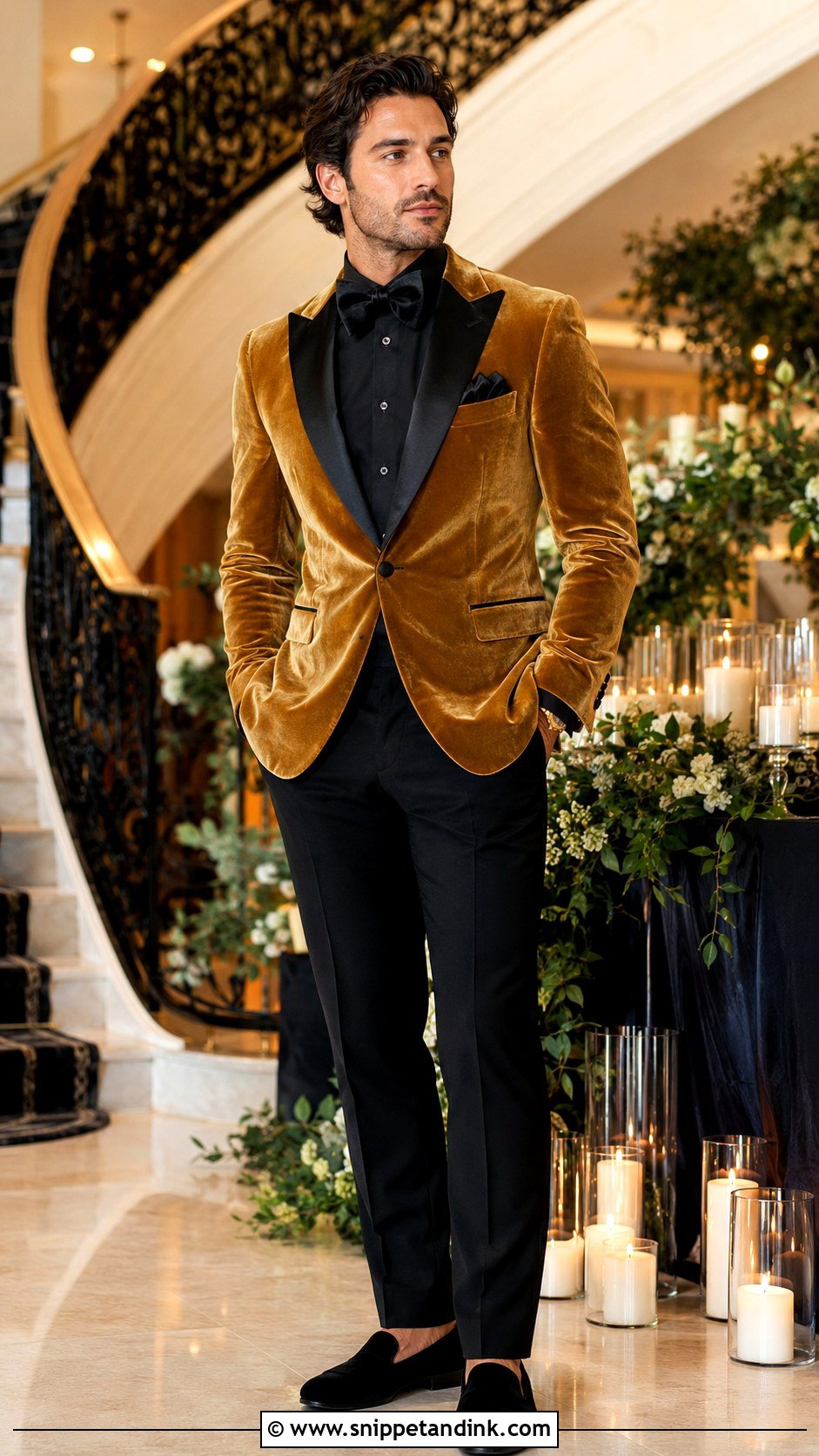 Gold Velvet Tuxedo With Black Shirt - Snippet and Ink - 20 Gold Tuxedo Wedding Ideas