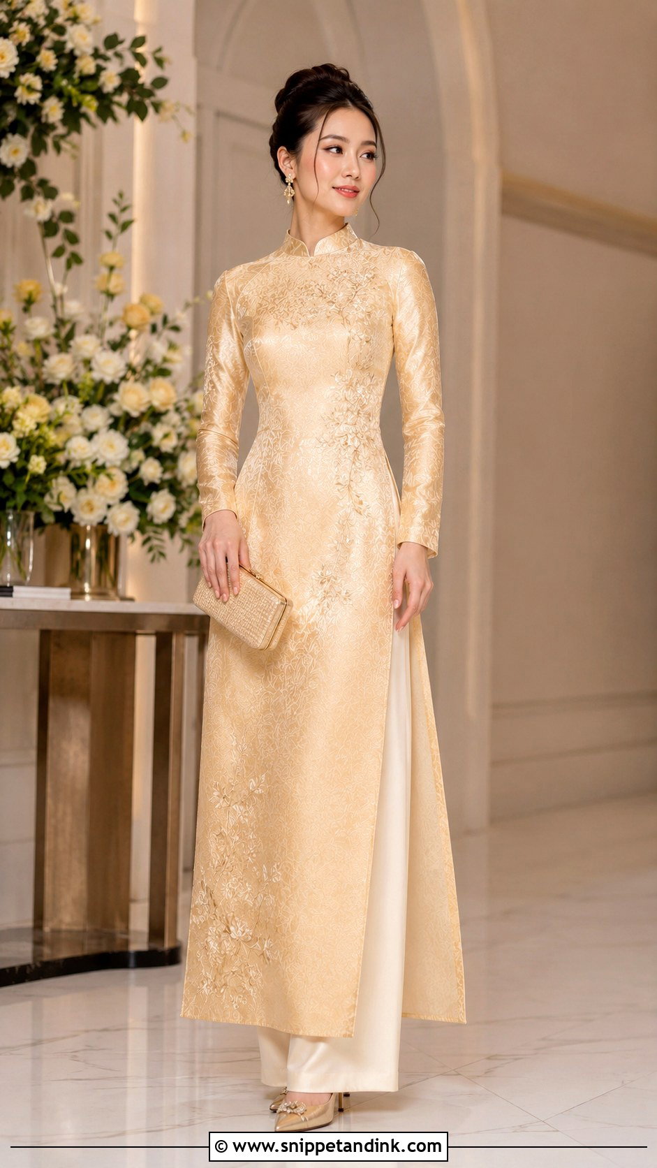Gold Wedding Ao Dai With Silk Trousers - Snippet and Ink - 25 Wedding Ao Dai Ideas