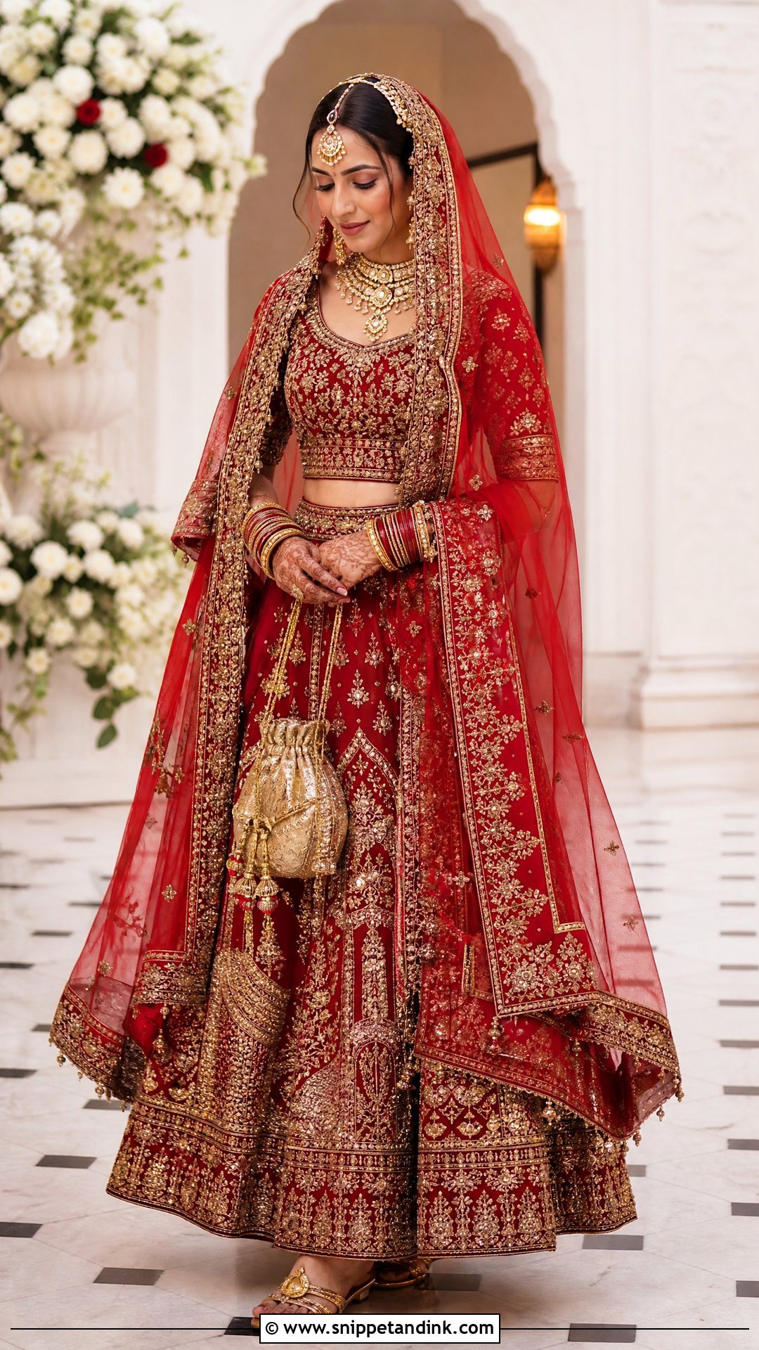 Gold Wedding Chappal With Red Lehenga - Snippet and Ink - 20 Wedding Chappal for Bride Ideas