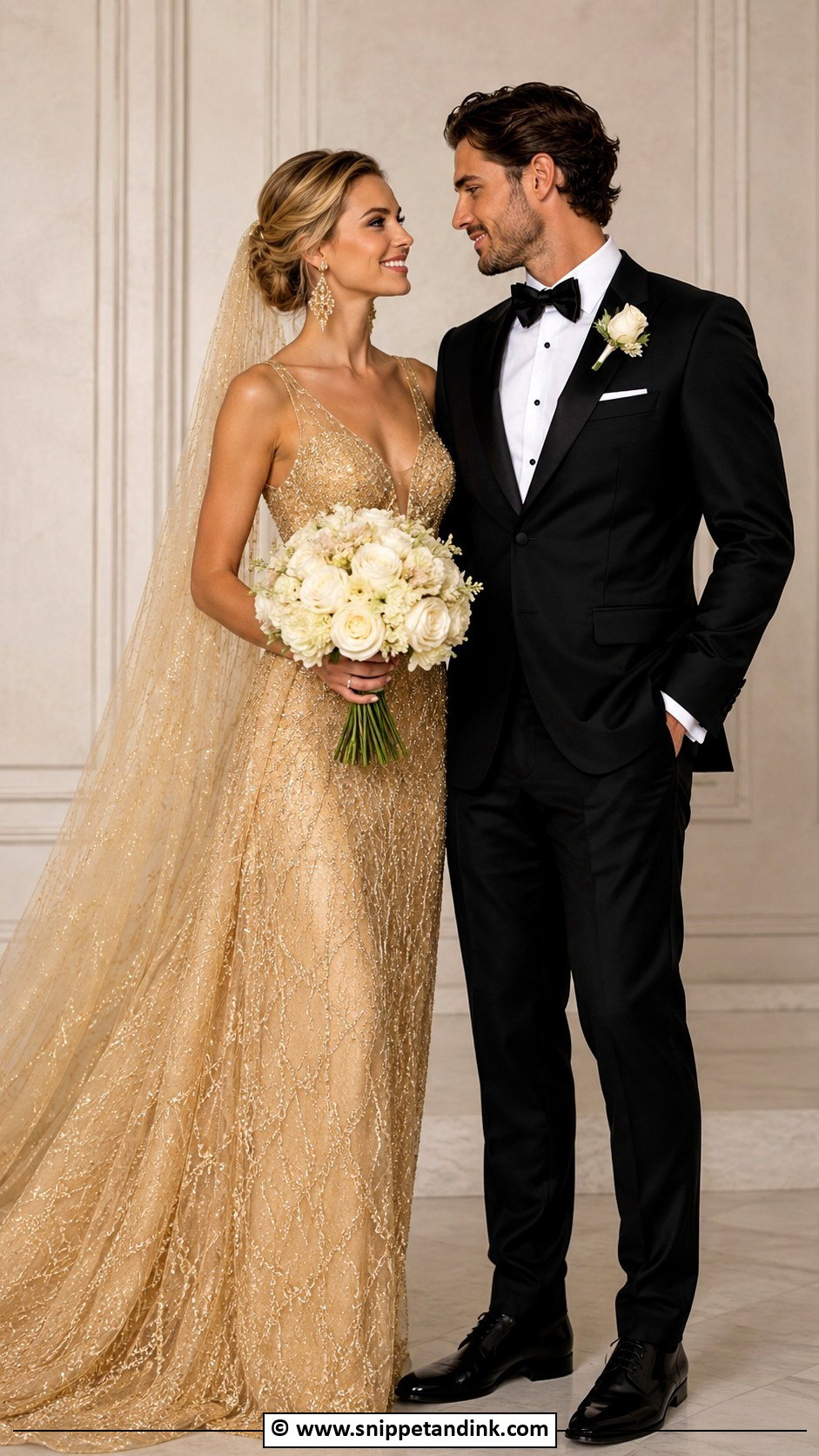 Gold Wedding Dress And Black Tuxedo - Snippet and Ink - 30 Couple Wedding Dress Ideas