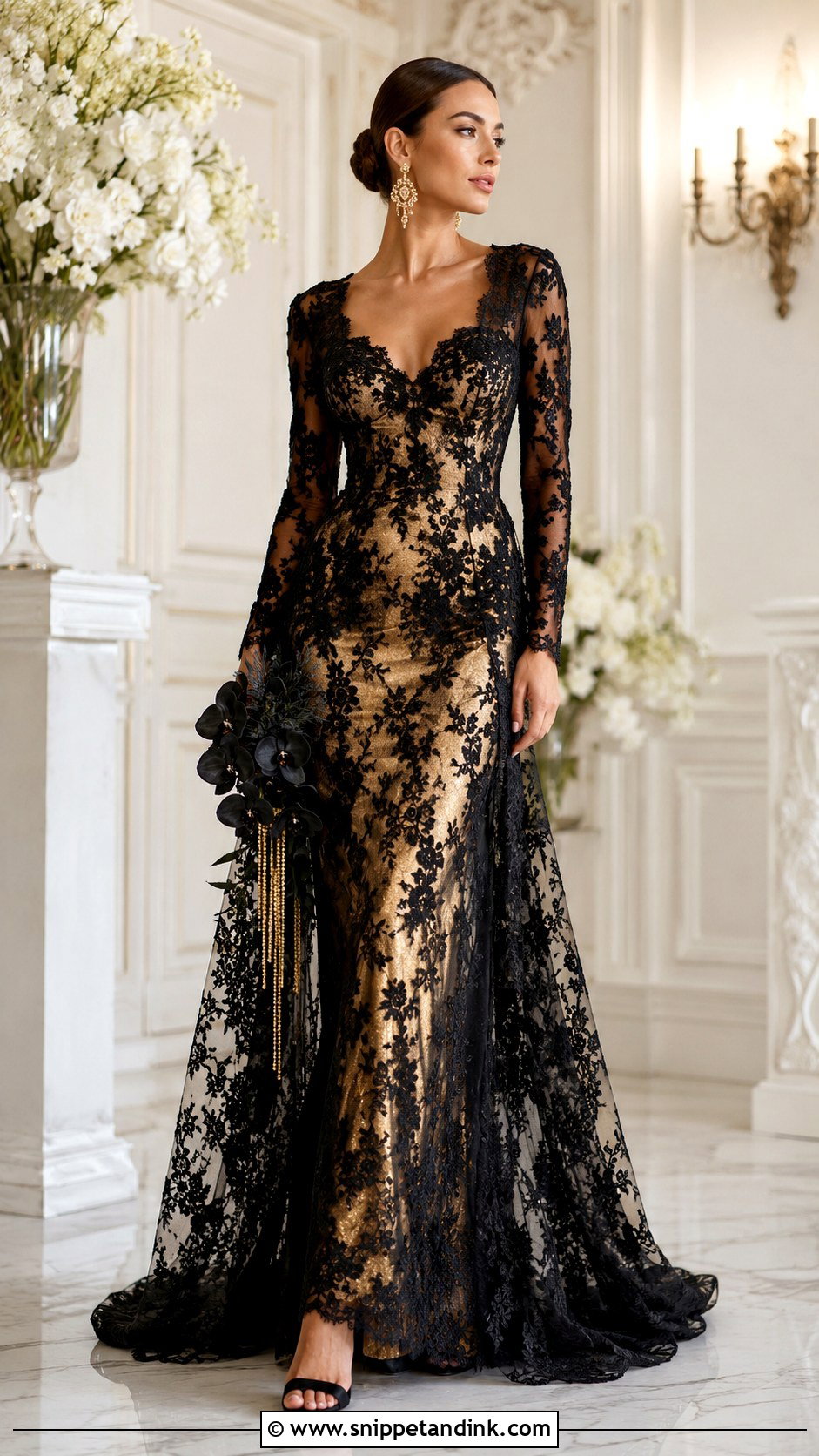 Gold Wedding Dress With Black Lace Overlay - Snippet and Ink - 25 Black and Gold Wedding Dress Ideas