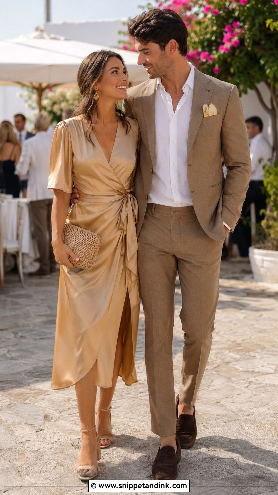 Gold Wrap Dress And Tan Suit - Snippet and Ink - 20 Gold Dress and Suit Couple Ideas