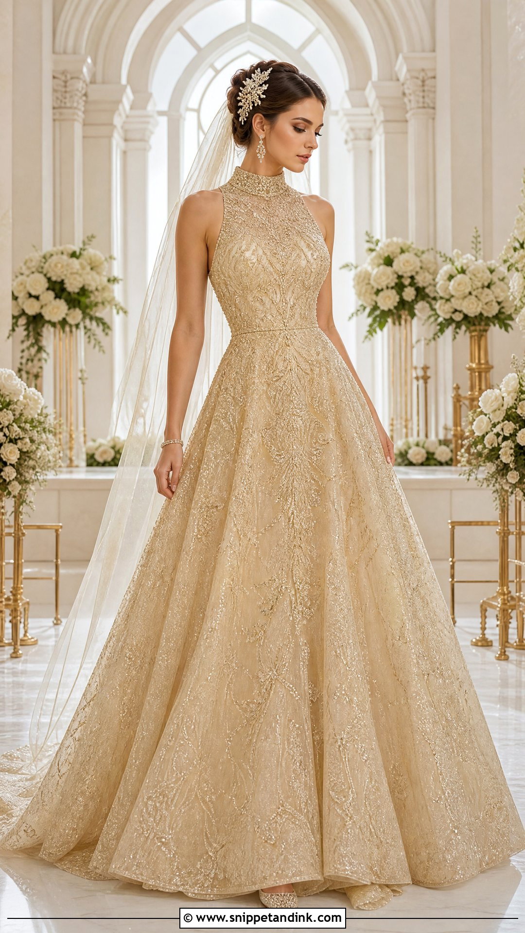 Golden High Neck Bridal Gown - Snippet and Ink - 25 Golden Bridal Dress Ideas