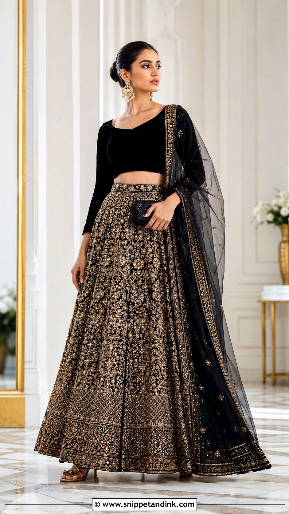 Golden Lengha With Black Blouse - Snippet and Ink - 20 Golden Lengha Combination Ideas