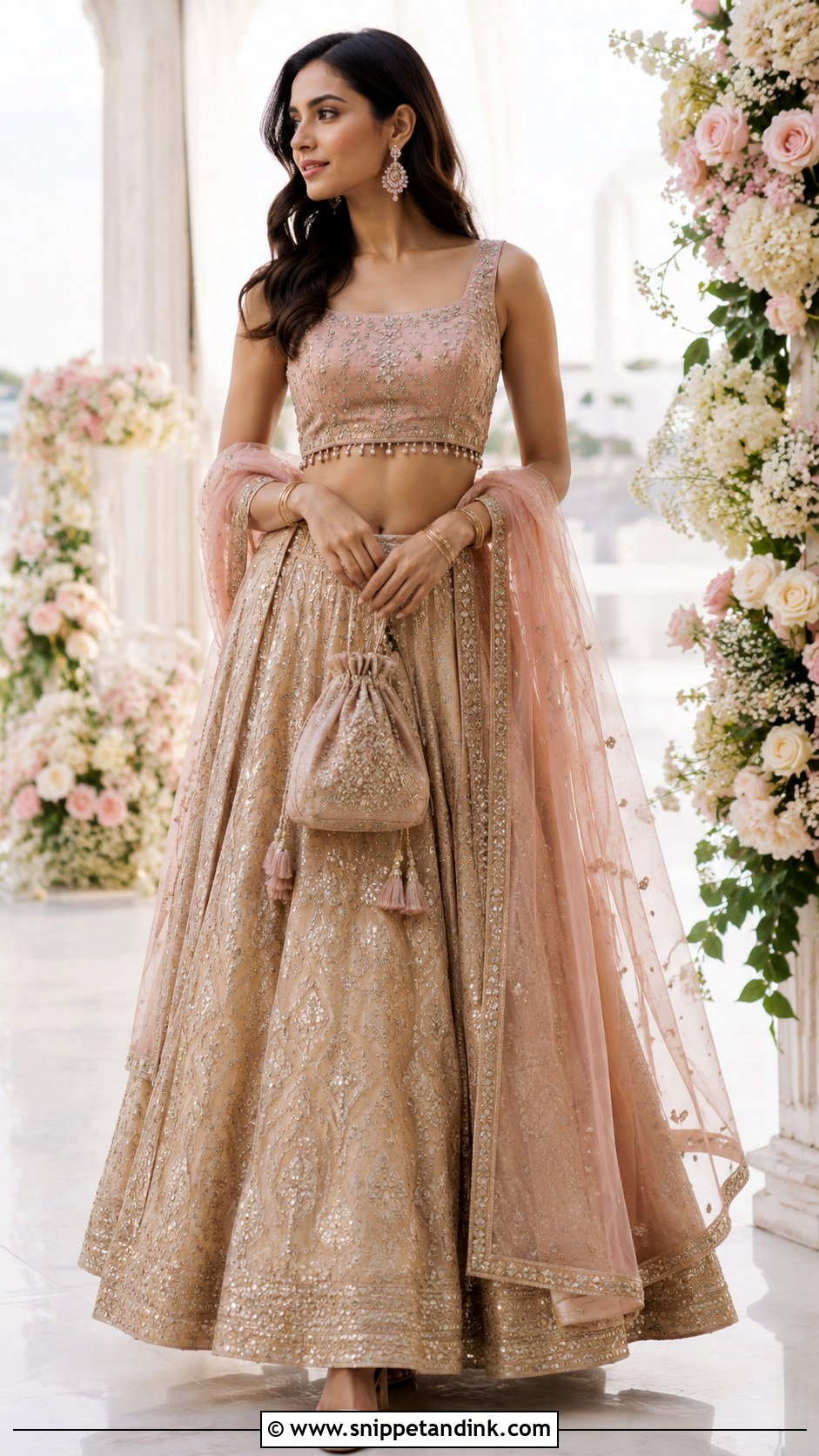 Golden Lengha With Blush Pink Blouse - Snippet and Ink - 20 Golden Lengha Combination Ideas