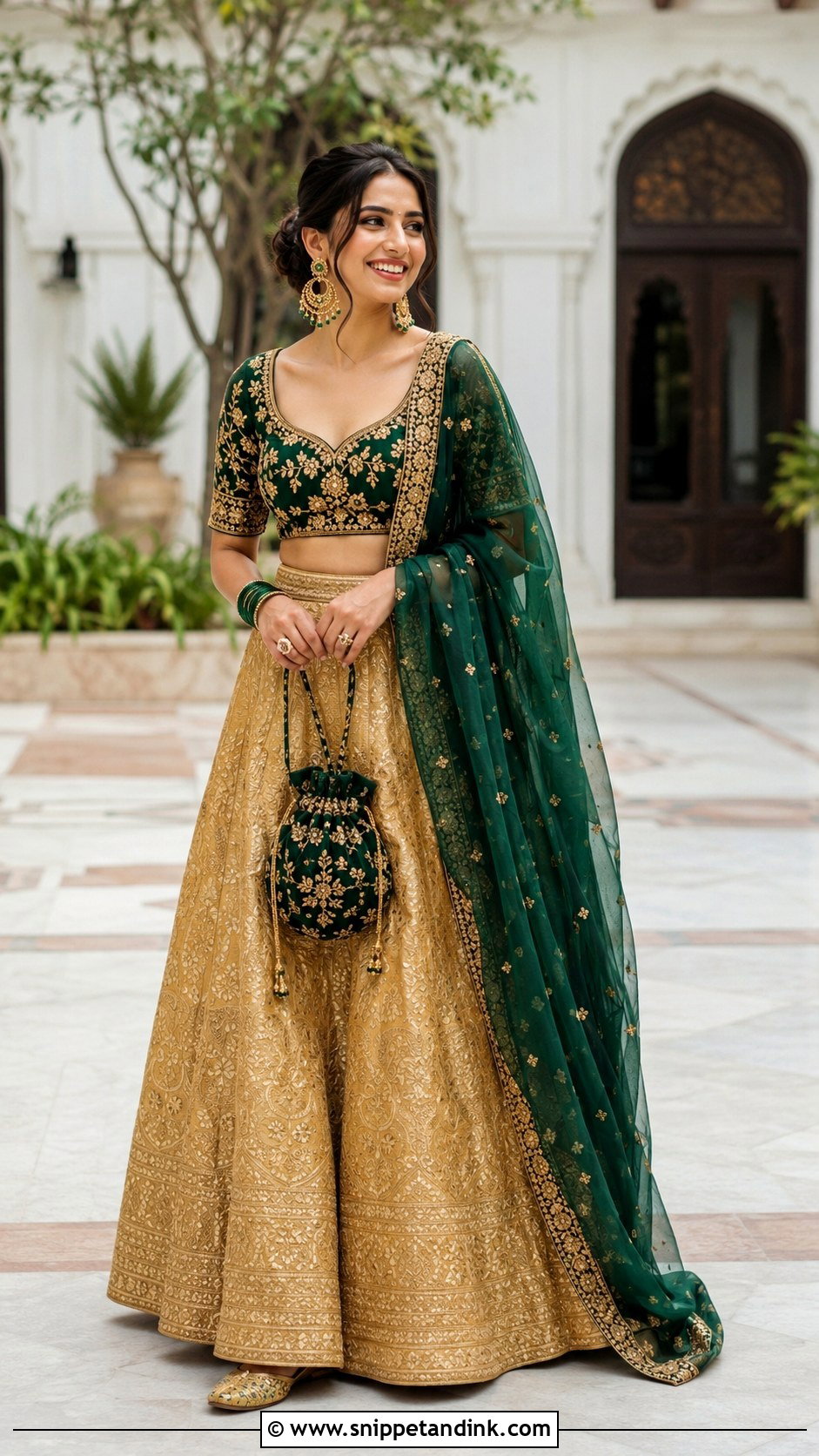 Golden Lengha With Bottle Green Blouse - Snippet and Ink - 20 Golden Lengha Combination Ideas