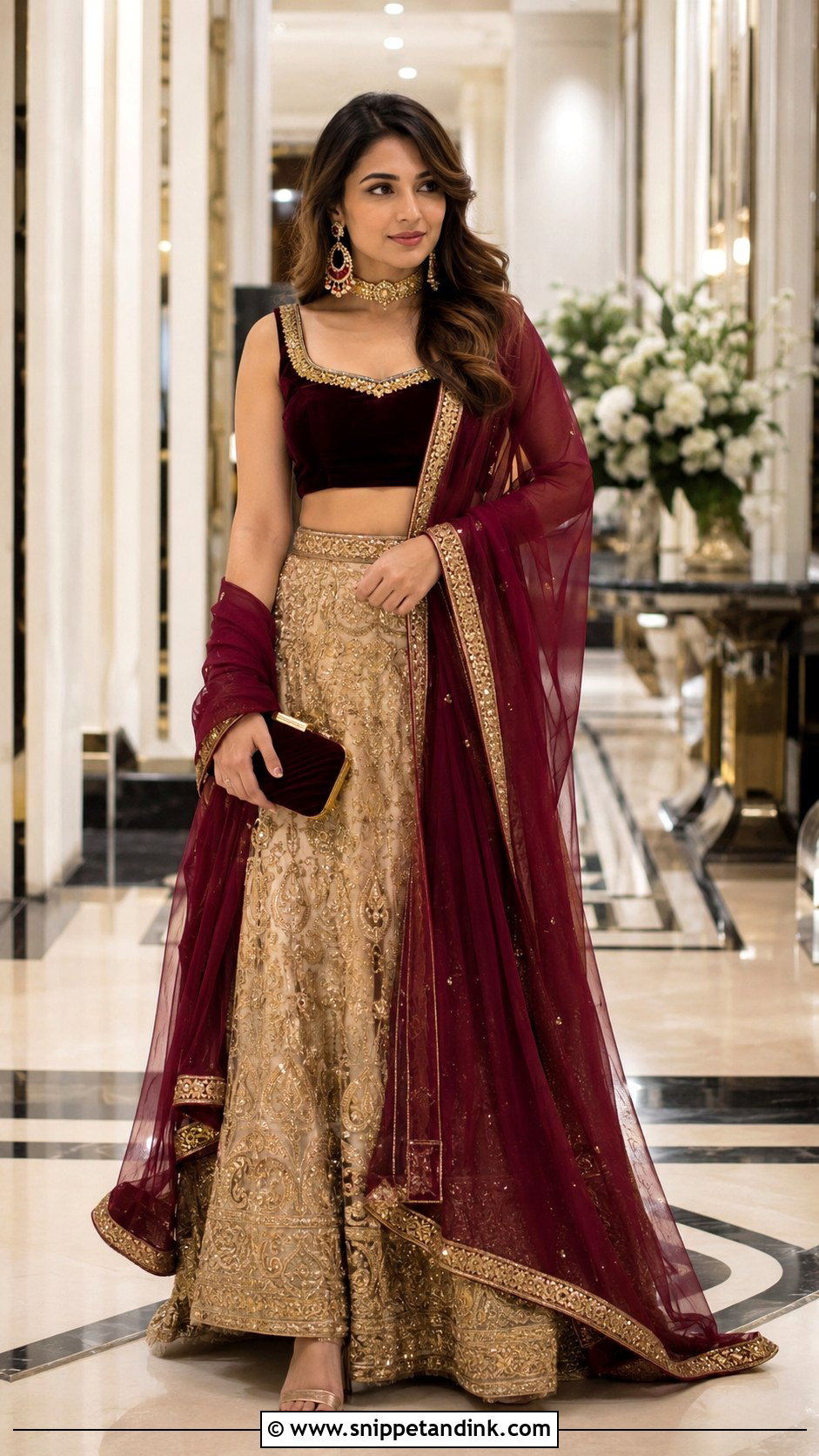 Golden Lengha With Burgundy Blouse - Snippet and Ink - 20 Golden Lengha Combination Ideas