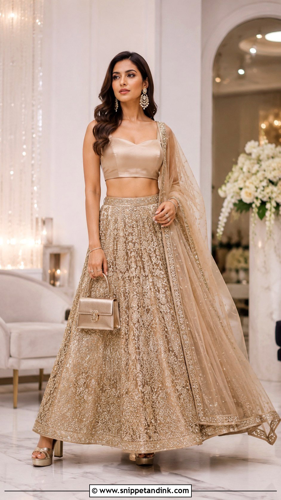 Golden Lengha With Champagne Blouse - Snippet and Ink - 20 Golden Lengha Combination Ideas