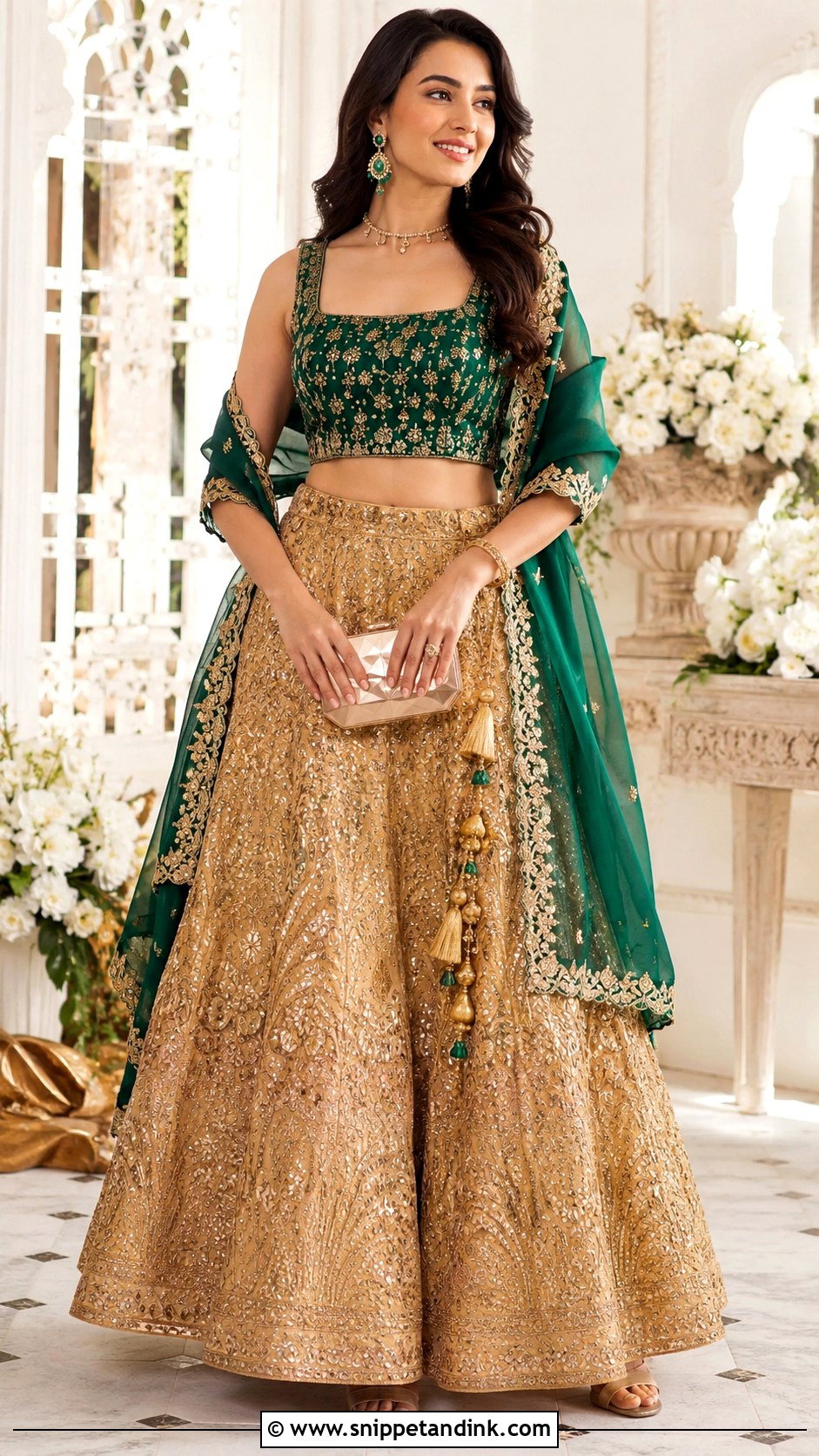 Golden Lengha With Emerald Green Blouse - Snippet and Ink - 20 Golden Lengha Combination Ideas