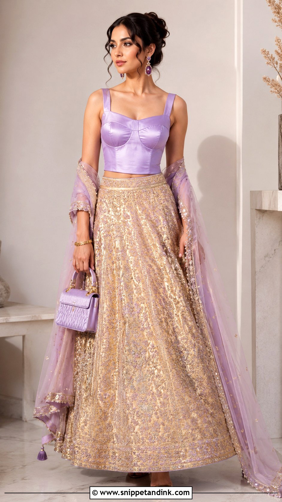 Golden Lengha With Lavender Blouse - Snippet and Ink - 20 Golden Lengha Combination Ideas