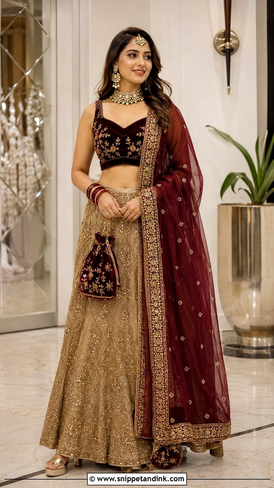 Golden Lengha With Maroon Blouse - Snippet and Ink - 20 Golden Lengha Combination Ideas