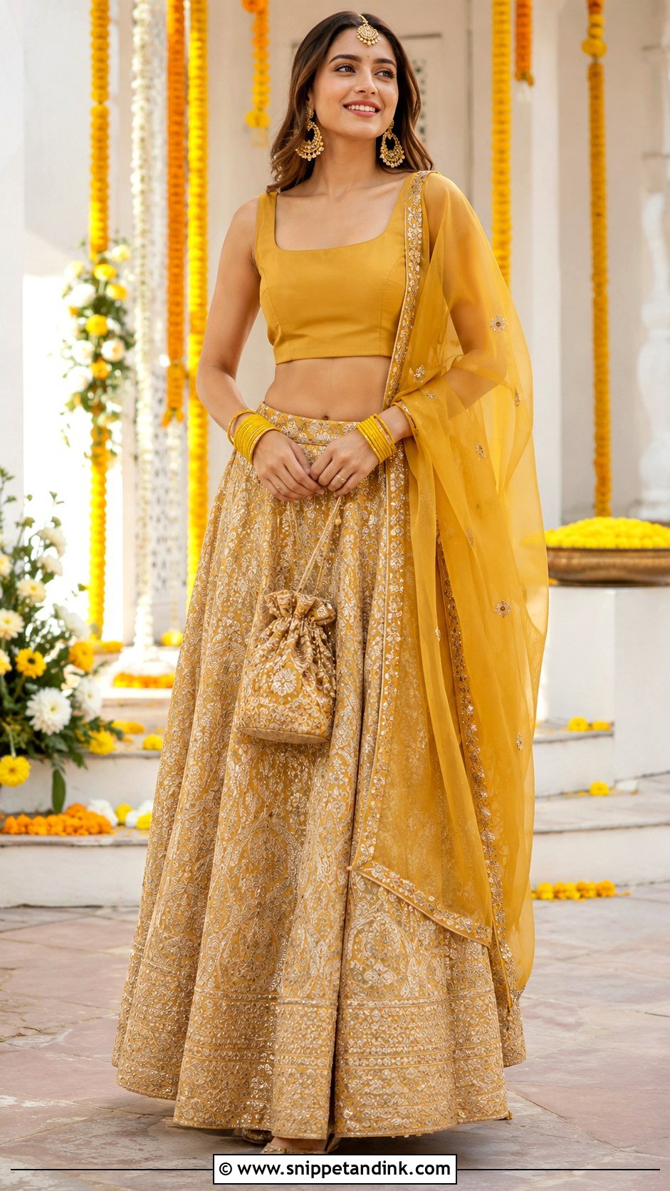 Golden Lengha With Mustard Yellow Blouse - Snippet and Ink - 20 Golden Lengha Combination Ideas