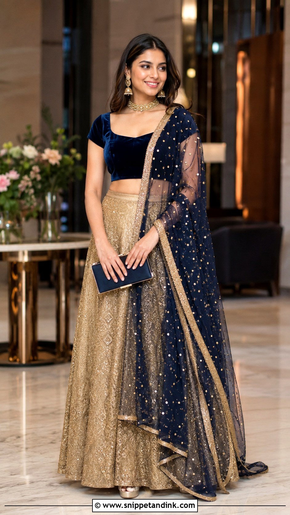 Golden Lengha With Navy Blue Blouse - Snippet and Ink - 20 Golden Lengha Combination Ideas