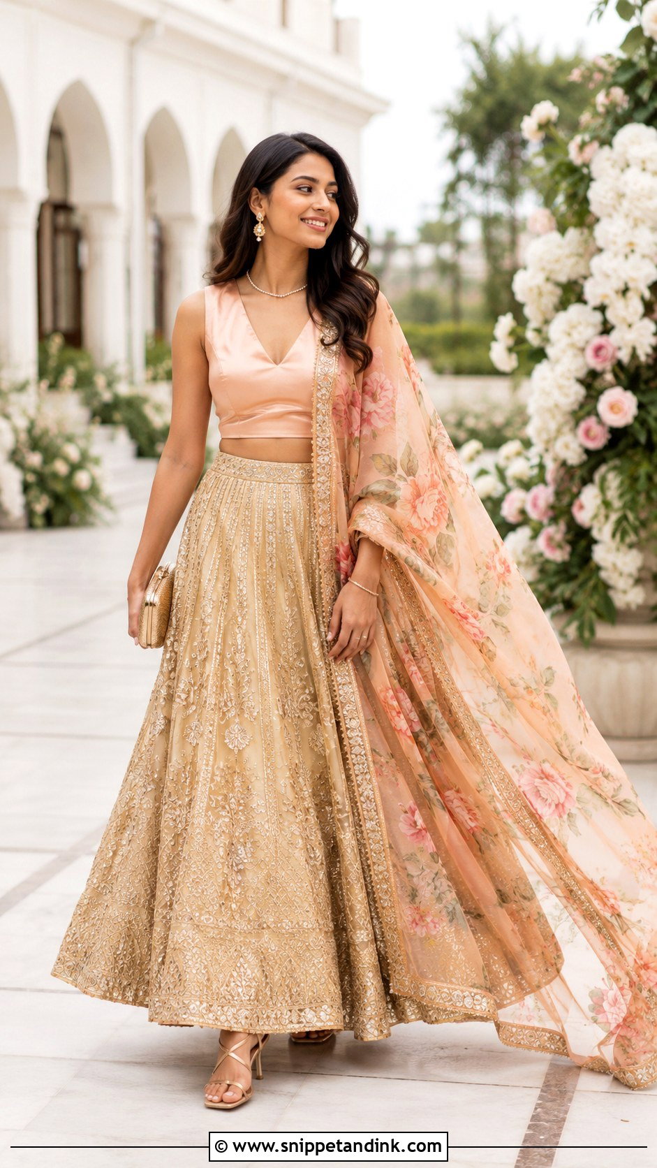 Golden Lengha With Peach Blouse - Snippet and Ink - 20 Golden Lengha Combination Ideas