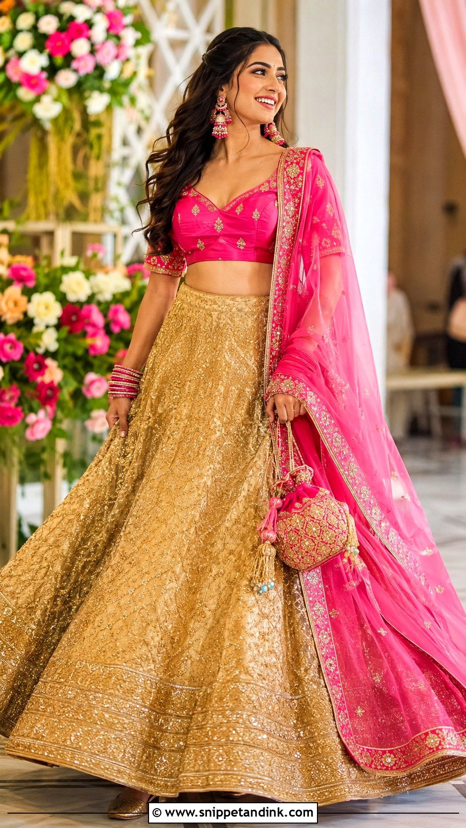 Golden Lengha With Rani Pink Blouse - Snippet and Ink - 20 Golden Lengha Combination Ideas