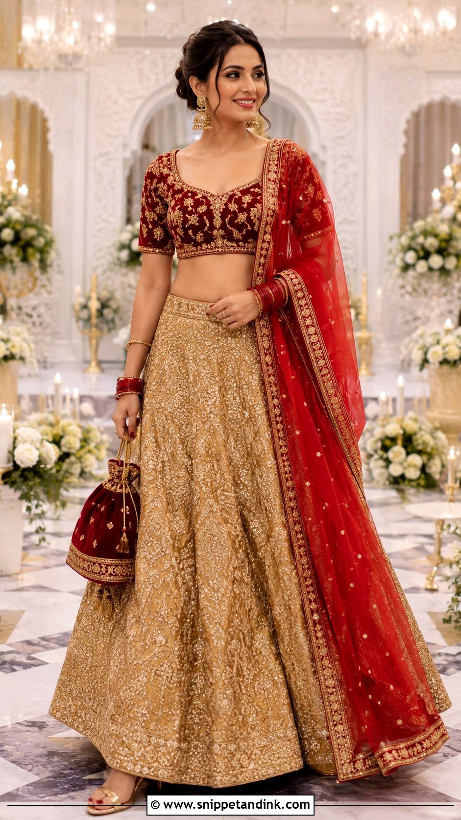 Golden Lengha With Red Blouse - Snippet and Ink - 20 Golden Lengha Combination Ideas