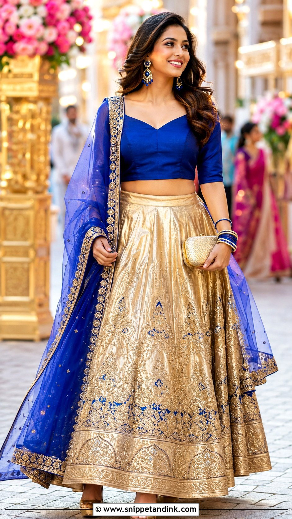 Golden Lengha With Royal Blue Blouse - Snippet and Ink - 20 Golden Lengha Combination Ideas