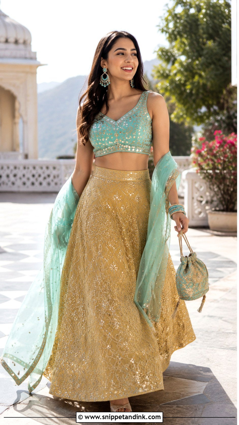 Golden Lengha With Turquoise Blouse - Snippet and Ink - 20 Golden Lengha Combination Ideas