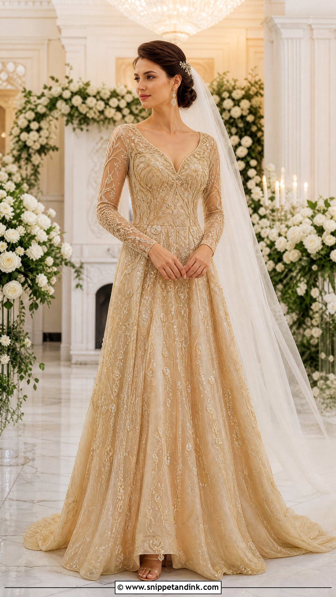 Golden Long Sleeve Bridal Gown - Snippet and Ink - 25 Golden Bridal Dress Ideas