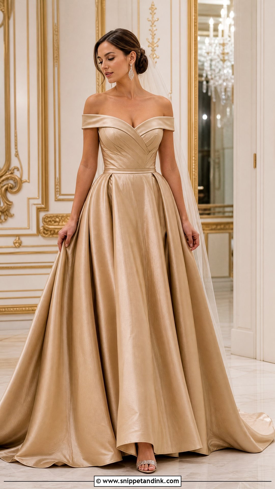 Golden Off Shoulder Bridal Gown - Snippet and Ink - 25 Golden Bridal Dress Ideas