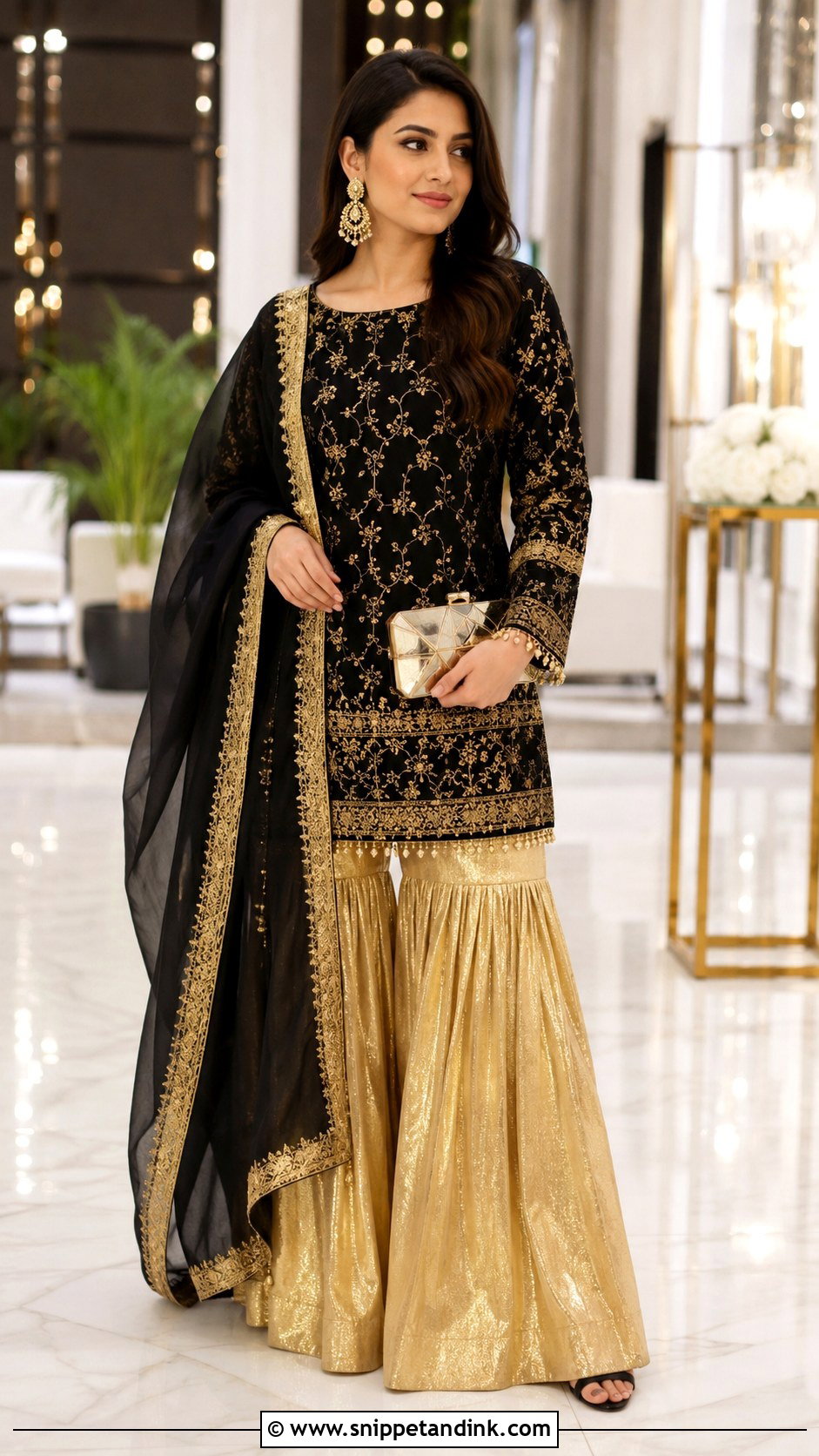 Golden Sharara With Black Kurti - Snippet and Ink - 25 Golden Sharara Ideas