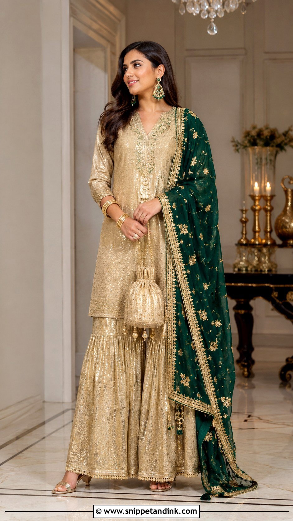 Golden Sharara With Green Dupatta - Snippet and Ink - 25 Golden Sharara Ideas