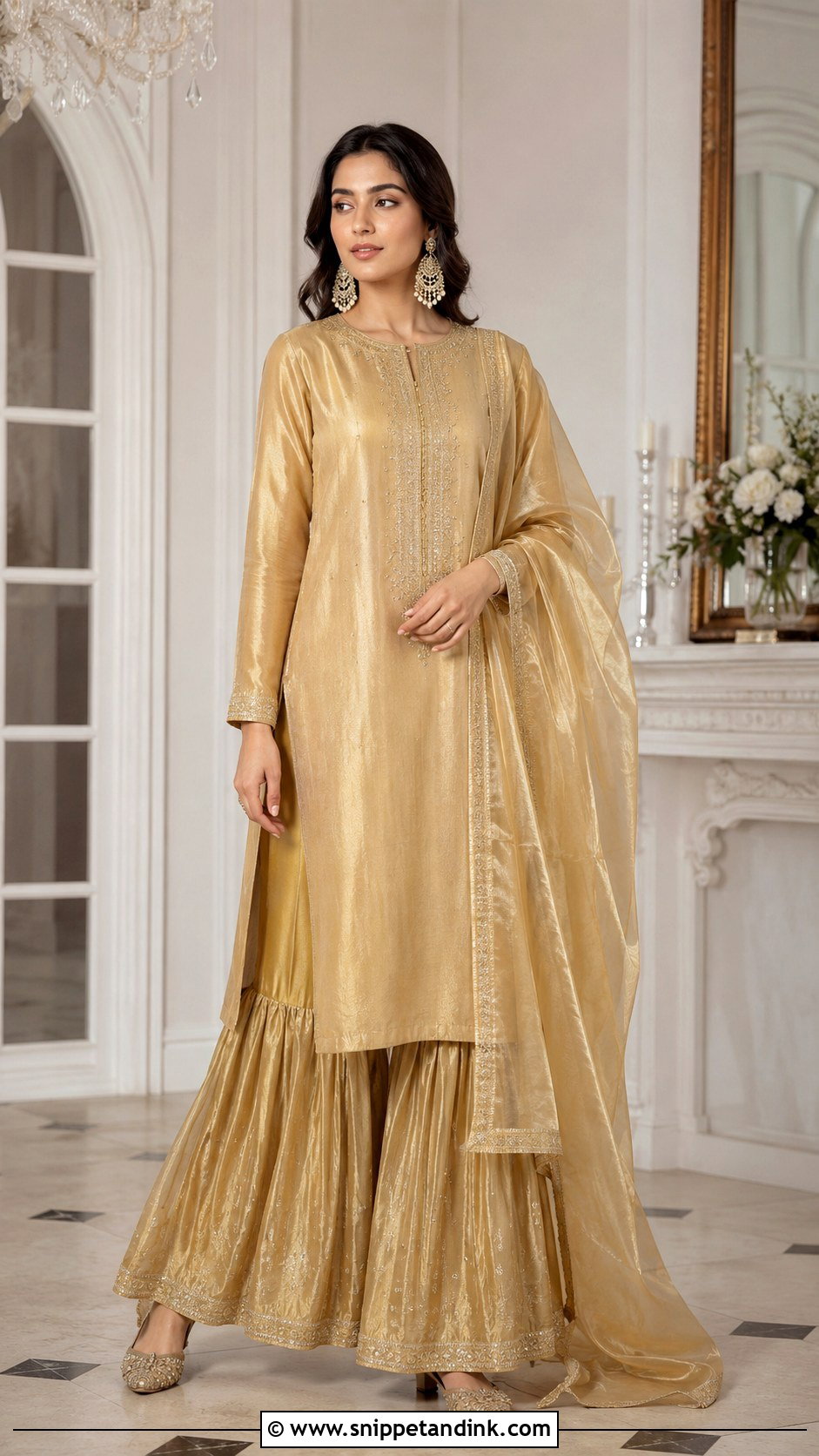 Golden Sharara With Long Kurta - Snippet and Ink - 25 Golden Sharara Ideas