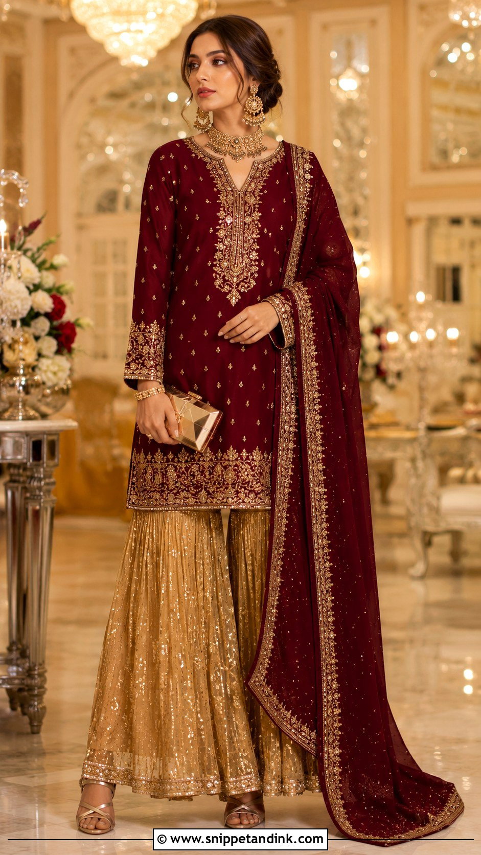 Golden Sharara With Maroon Kurta - Snippet and Ink - 25 Golden Sharara Ideas