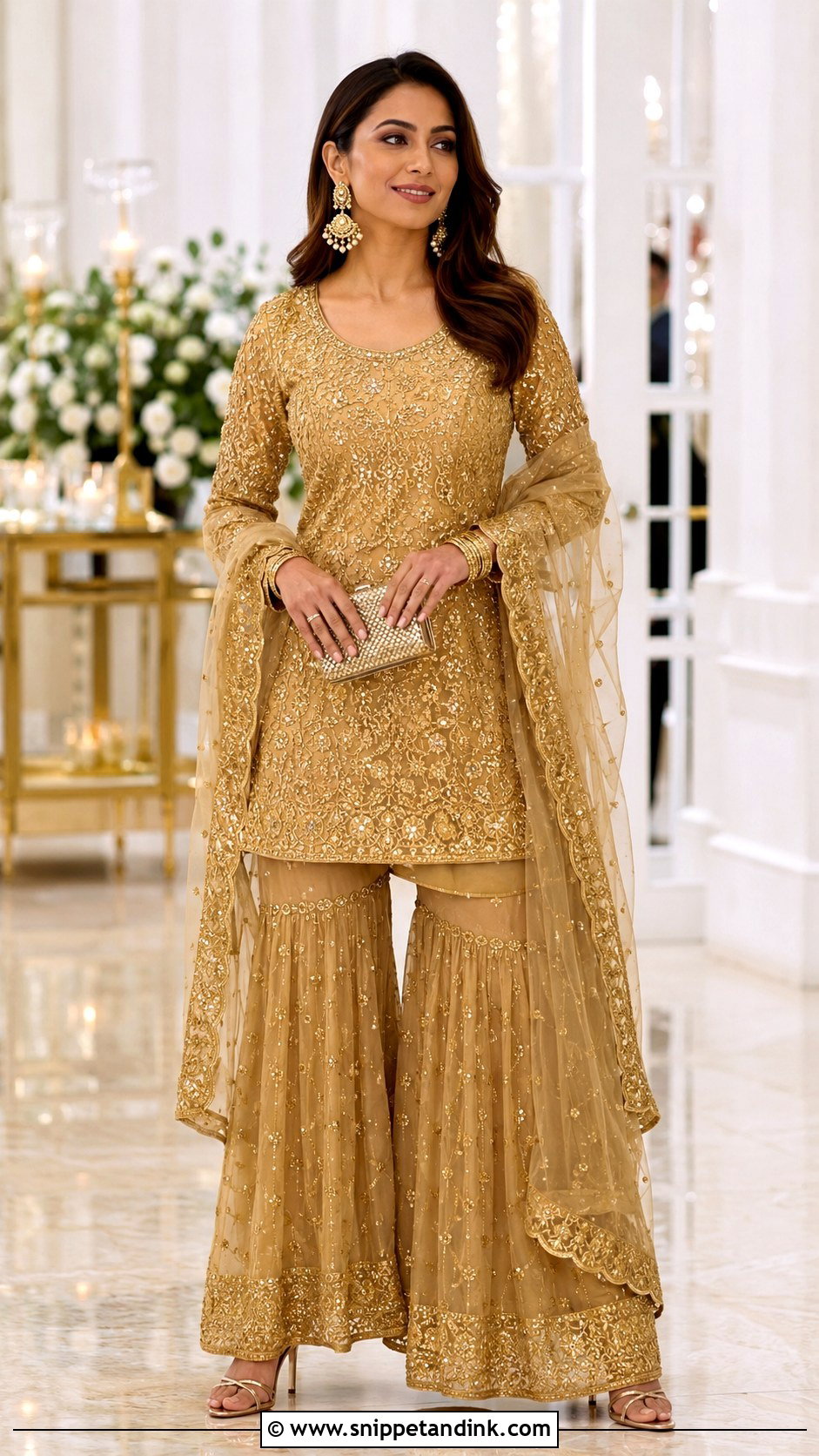Golden Sharara With Net Dupatta - Snippet and Ink - 25 Golden Sharara Ideas