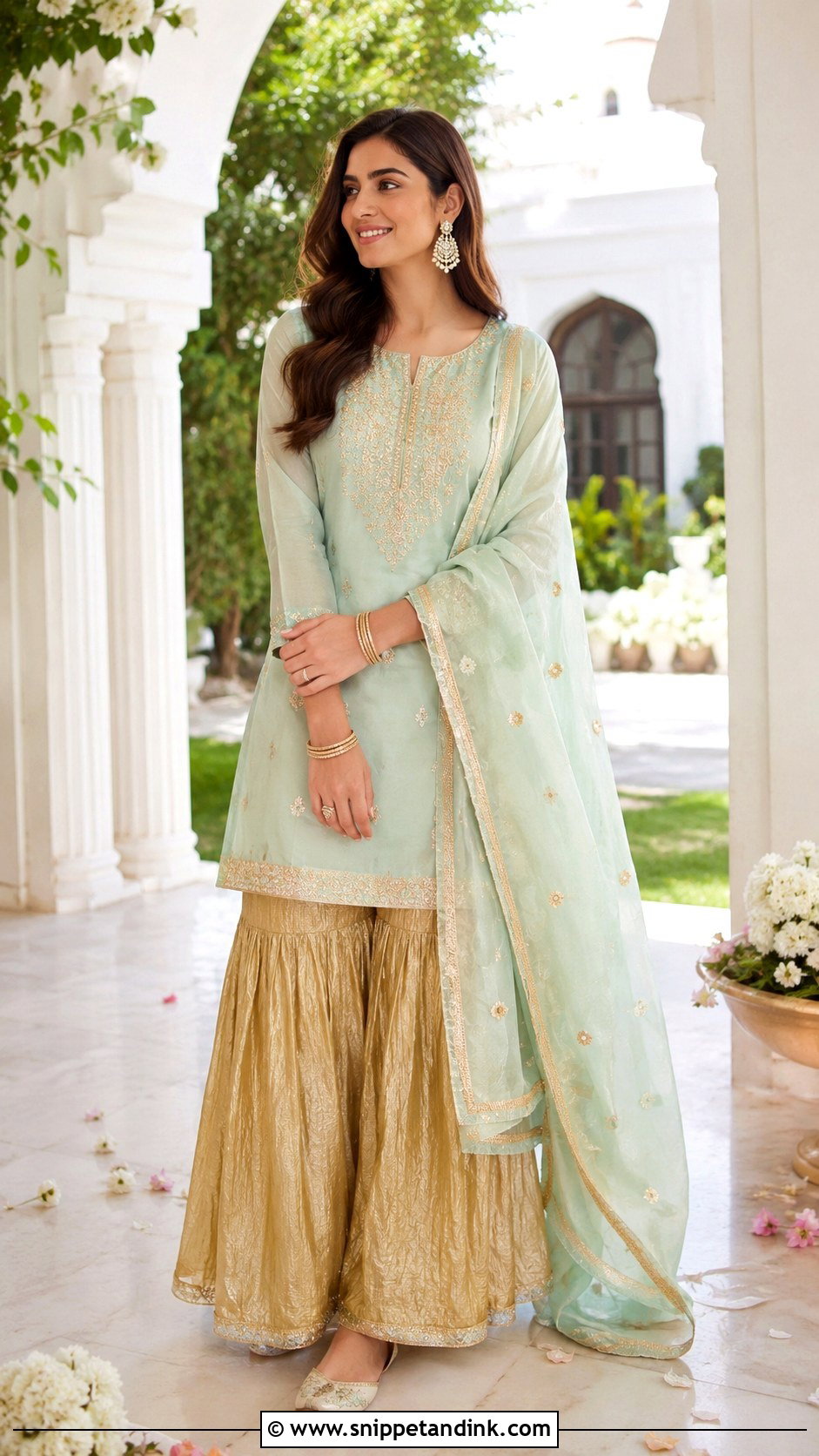 Golden Sharara With Pastel Kurti - Snippet and Ink - 25 Golden Sharara Ideas