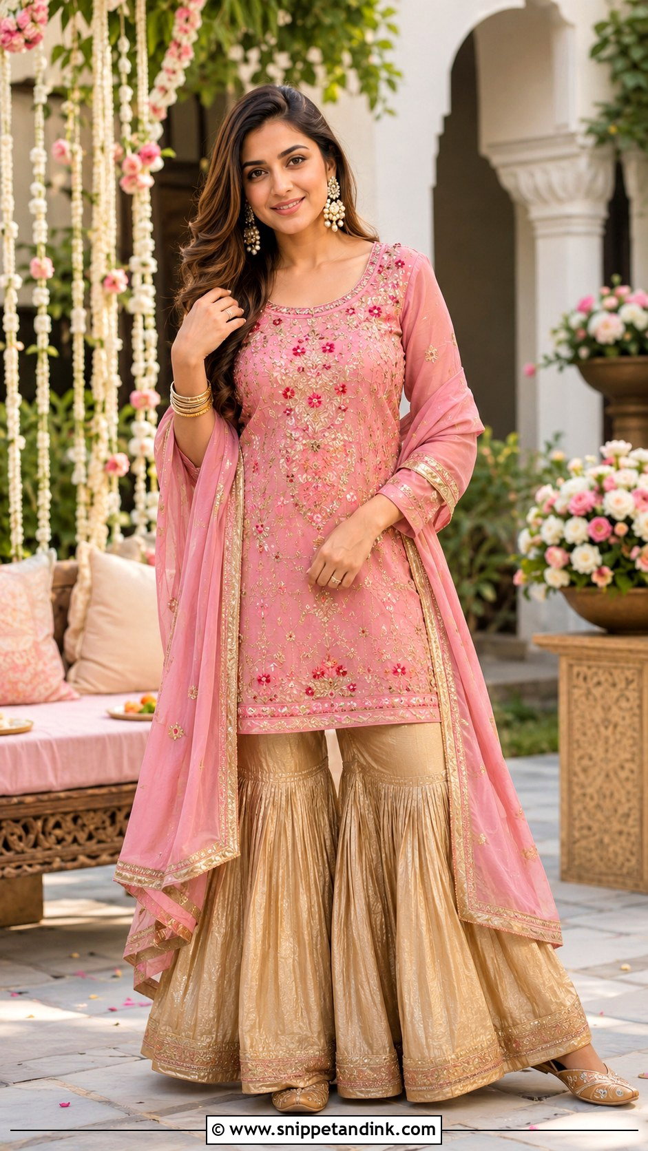 Golden Sharara With Pink Kurti - Snippet and Ink - 25 Golden Sharara Ideas