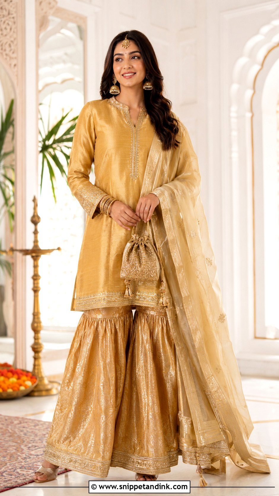 Golden Sharara With Silk Kurta - Snippet and Ink - 25 Golden Sharara Ideas