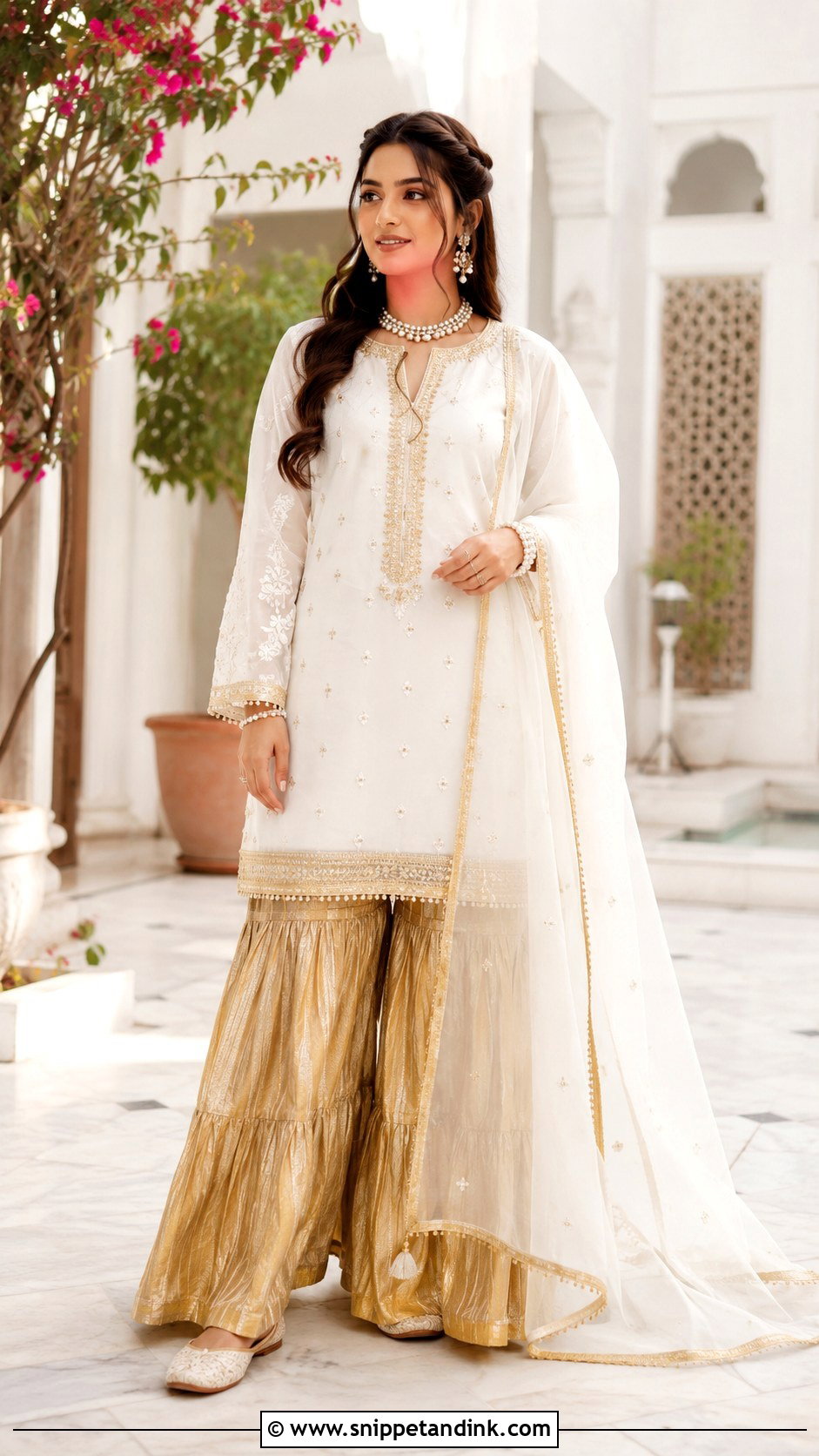 Golden Sharara With White Kurta - Snippet and Ink - 25 Golden Sharara Ideas