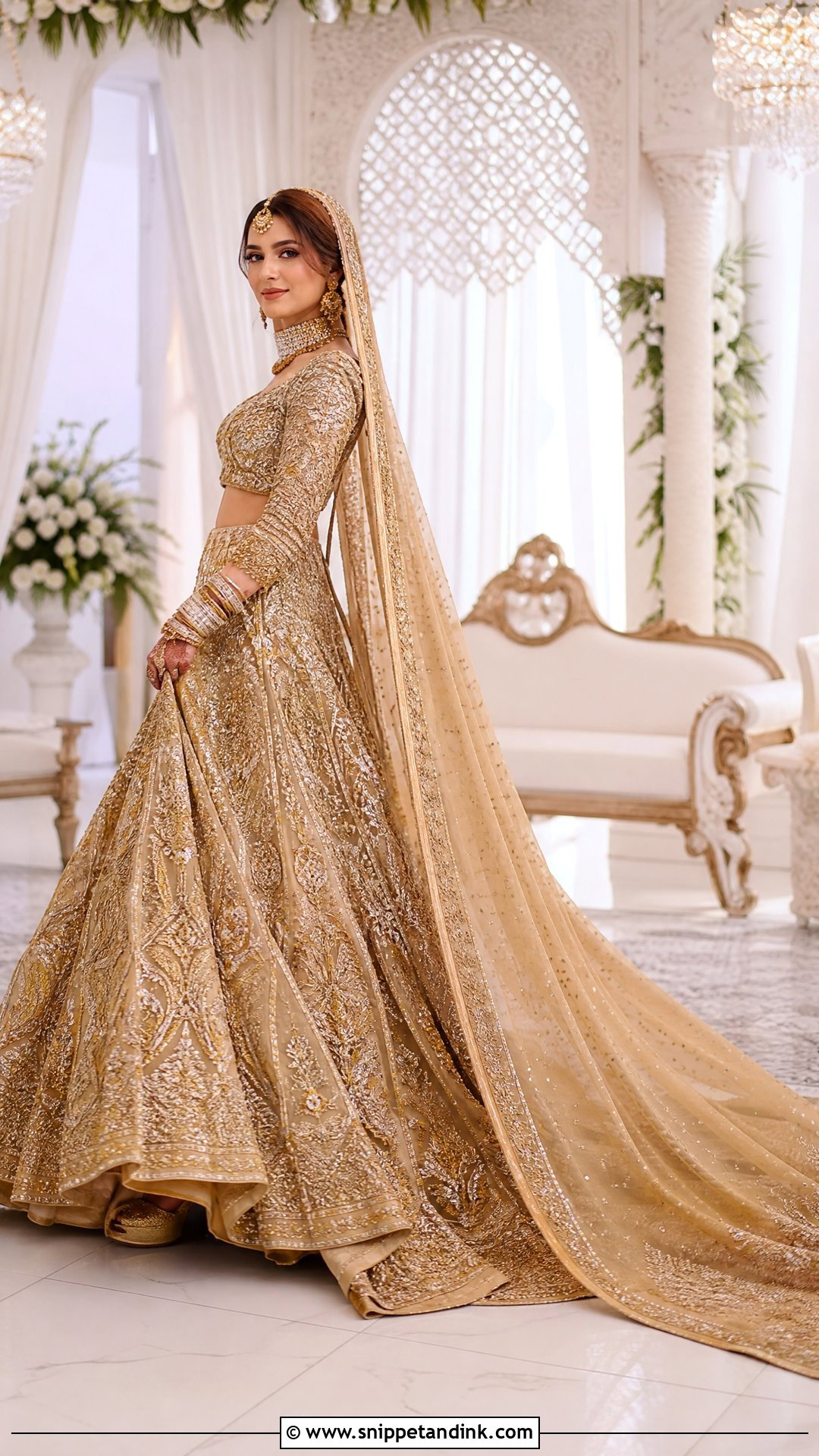Golden Trail Bridal Lehenga - Snippet and Ink - 25 Golden Bridal Dress Ideas