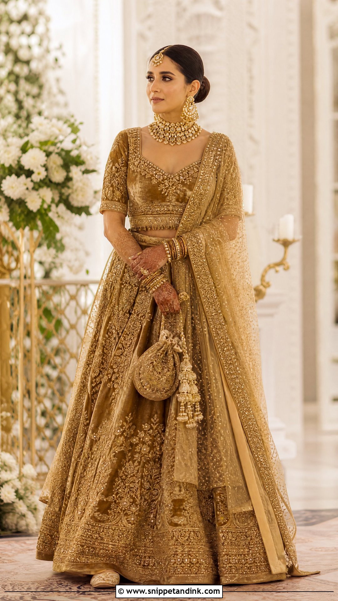 Golden Velvet Bridal Lehenga - Snippet and Ink - 25 Golden Bridal Dress Ideas