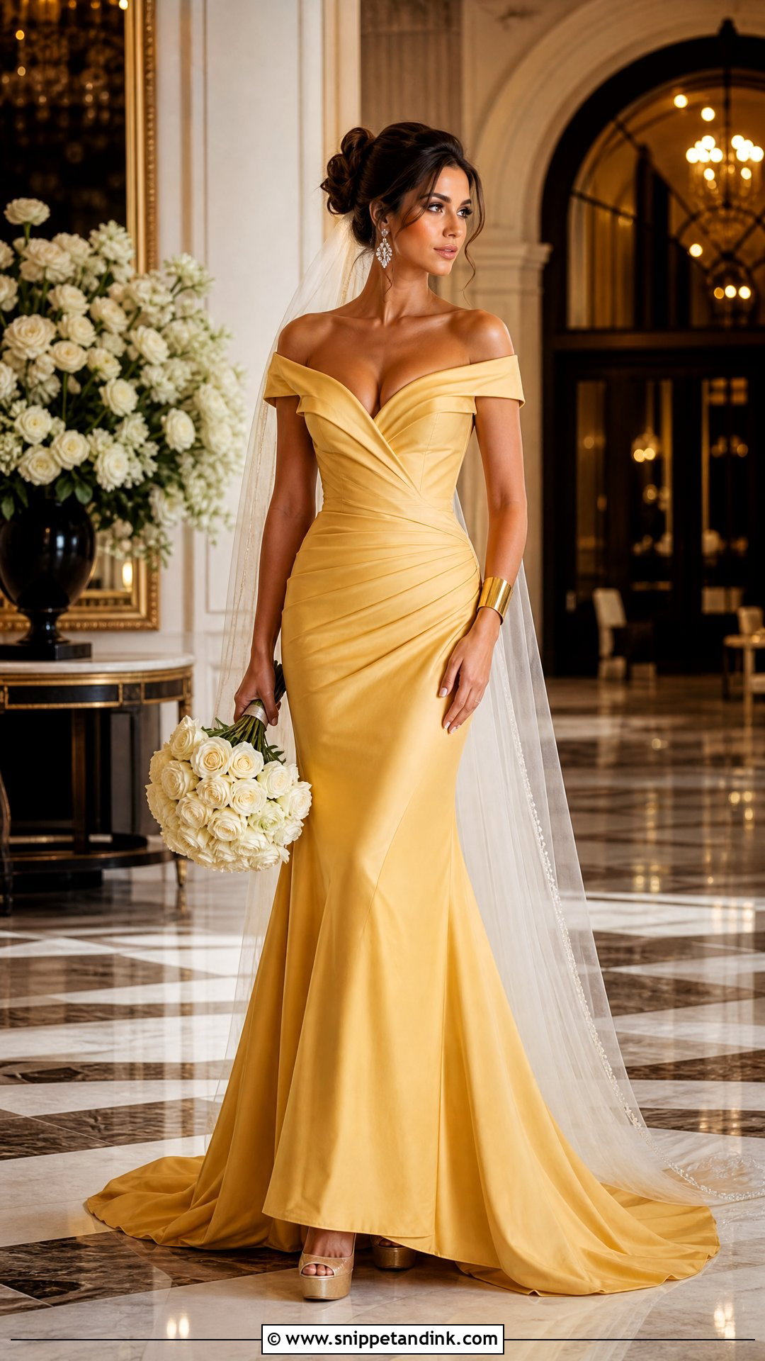 Golden Yellow Off Shoulder Bridal Gown - Snippet and Ink - 20 Yellow Bridal Dress Ideas