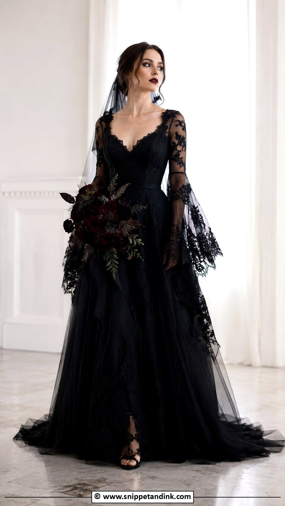 Gothic Wedding Dress With Bell Sleeves - Snippet and Ink - 25 Goth Wedding Dresses